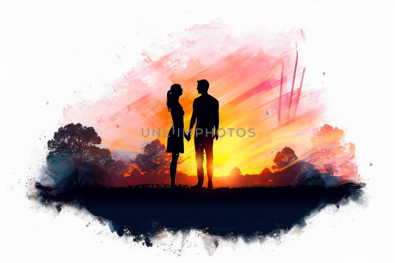 watercolor illustration, capturing a couple in a romantic date against a bright background. by Alla_Morozova93