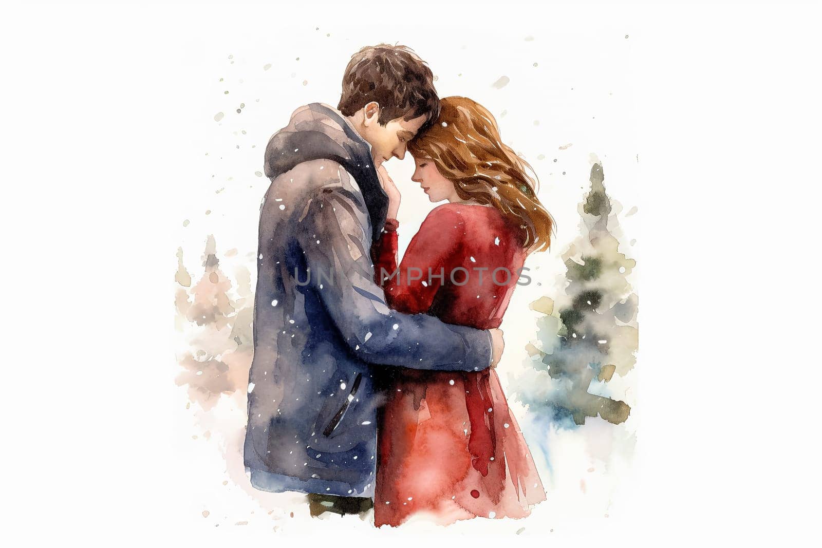 a watercolor illustration of a couple in love against a festive New Years background. by Alla_Morozova93
