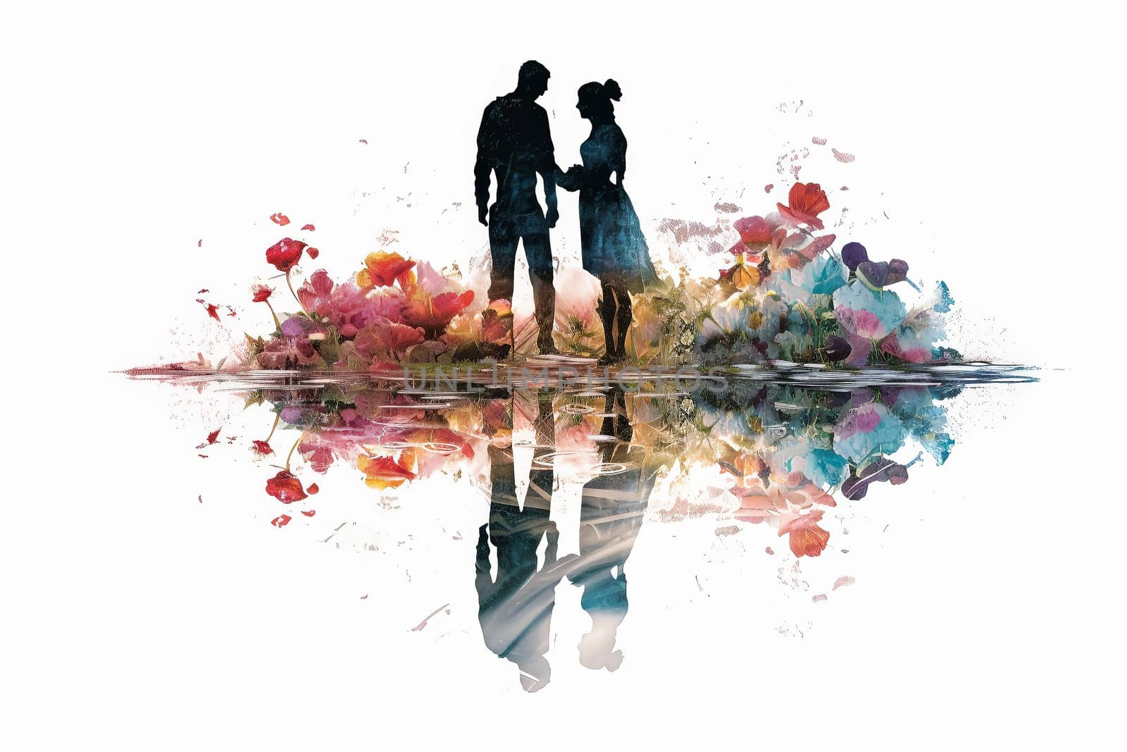 Experience the magic of love as a watercolor illustration depicts a couple strolling outdoors after the rain. A romantic date captured in a picturesque setting.