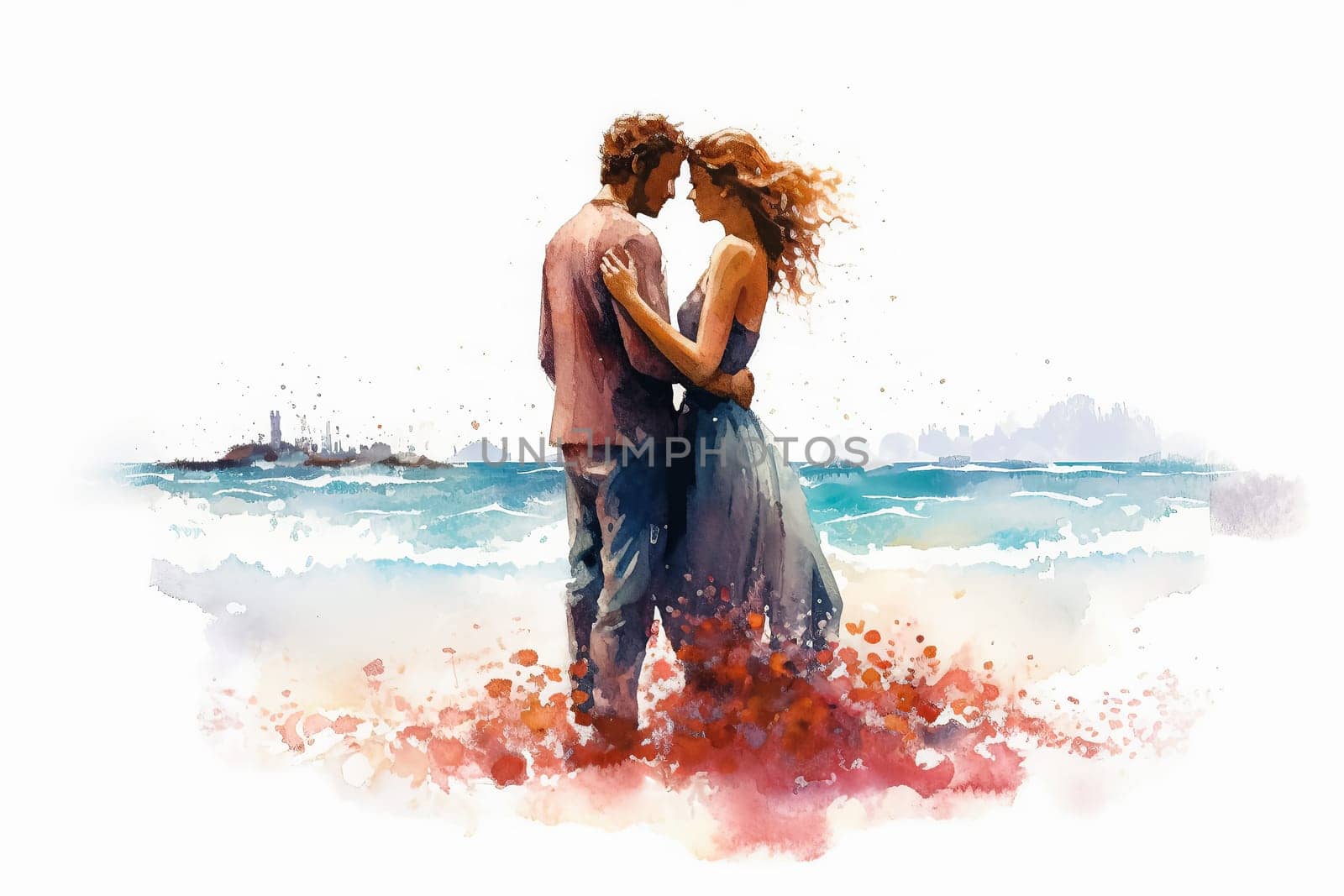 a watercolor illustration portraying a couple in love against the backdrop of the ocean. by Alla_Morozova93