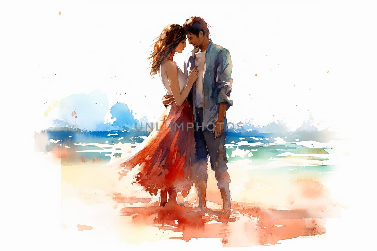 Escape to a dreamy beach setting with a watercolor illustration portraying a couple in love against the backdrop of the ocean. A romantic and serene date.