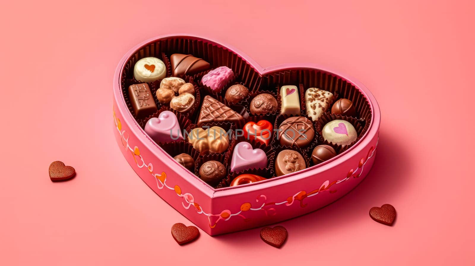 Delight your senses with heart shaped candies in a charming box on a pink background, creating a perfect visual for the Valentines Day concept.