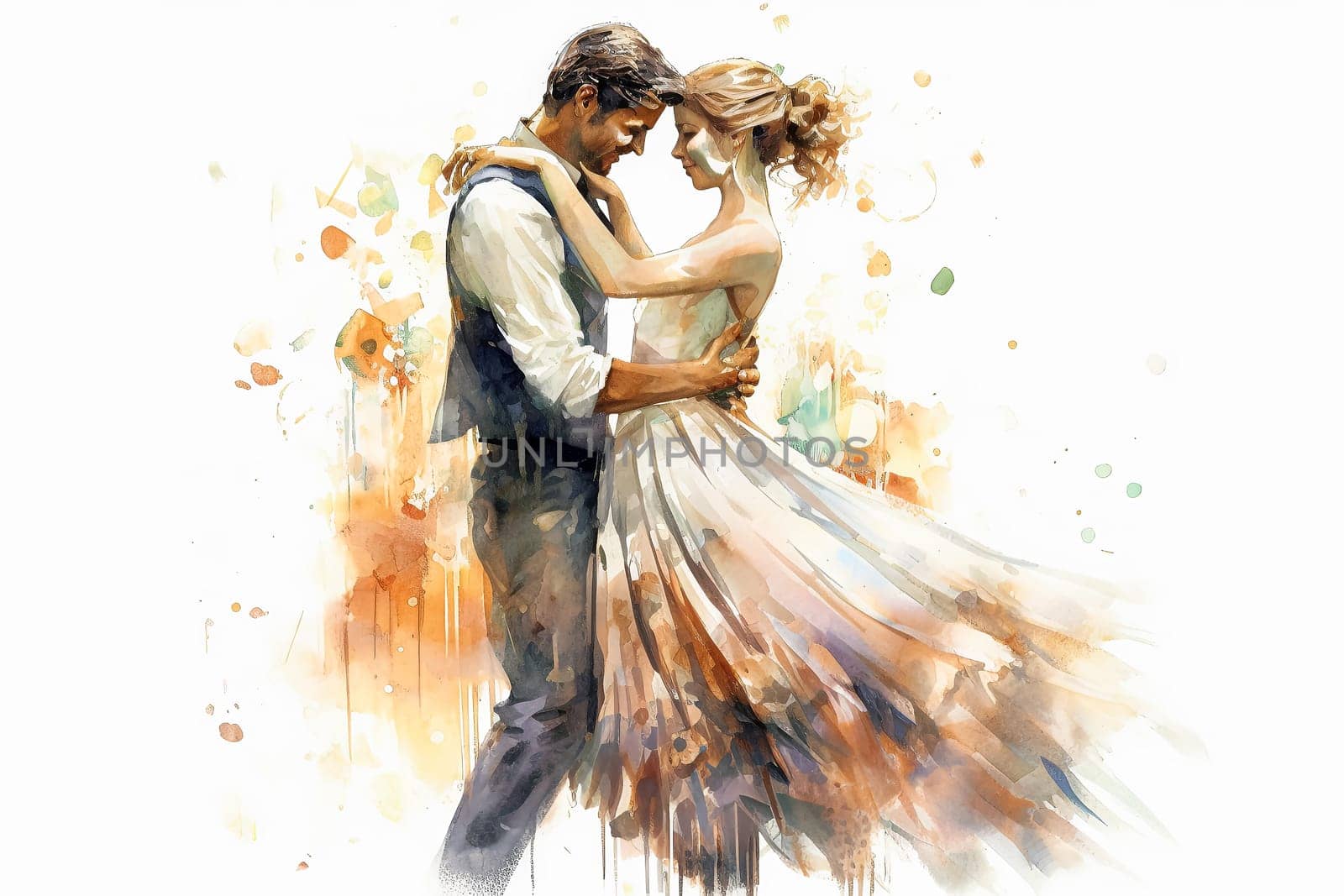 a watercolor illustration depicting a couple in love dancing against a vibrant backdrop. by Alla_Morozova93