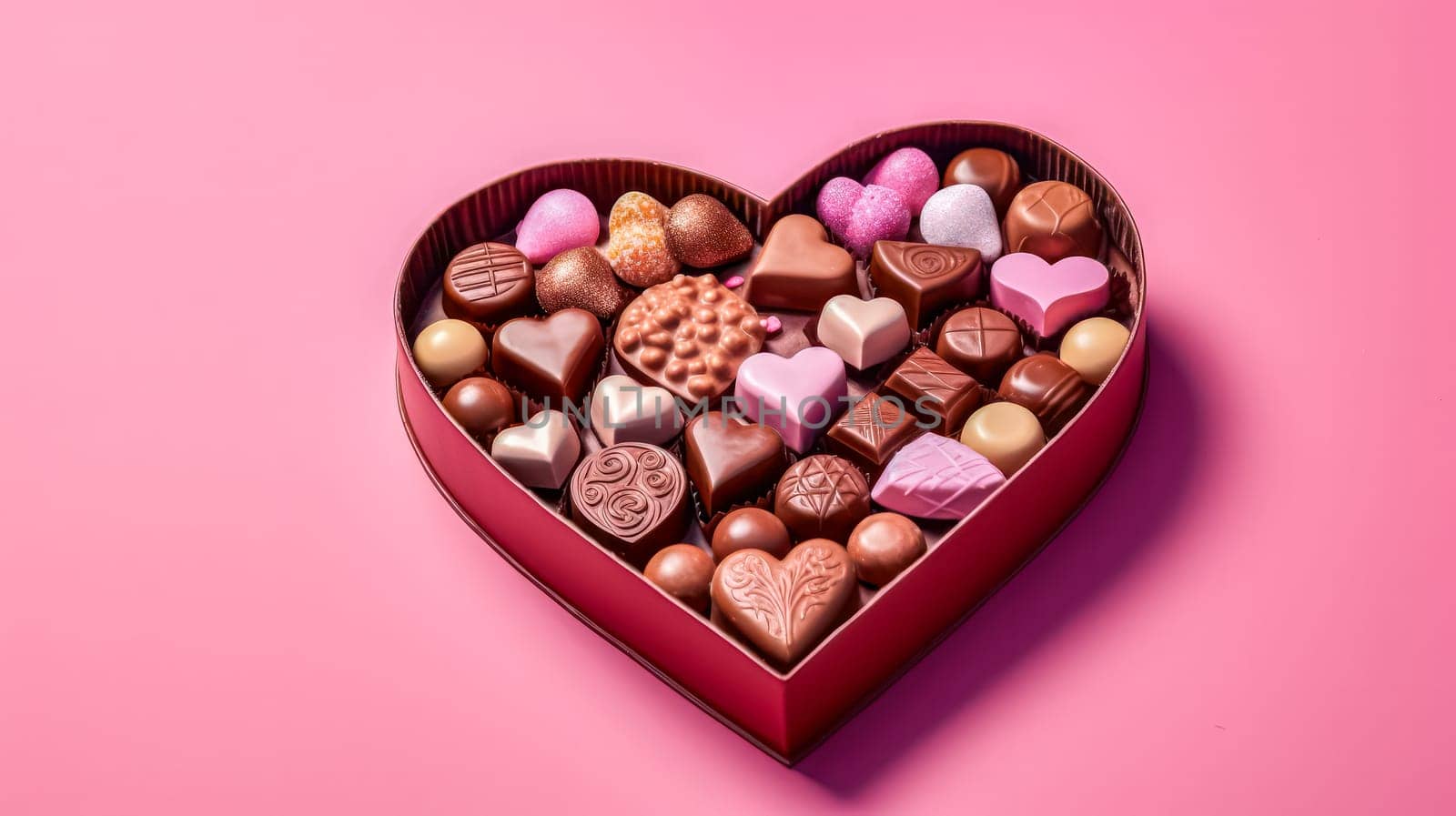 Delight your senses with heart shaped candies in a charming box on a pink background, creating a perfect visual for the Valentines Day concept.