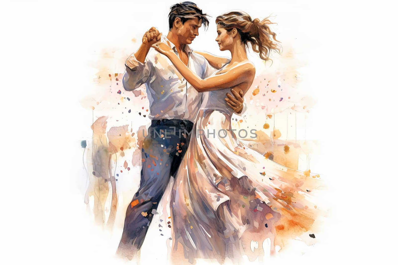 a watercolor illustration depicting a couple in love dancing against a vibrant backdrop. by Alla_Morozova93