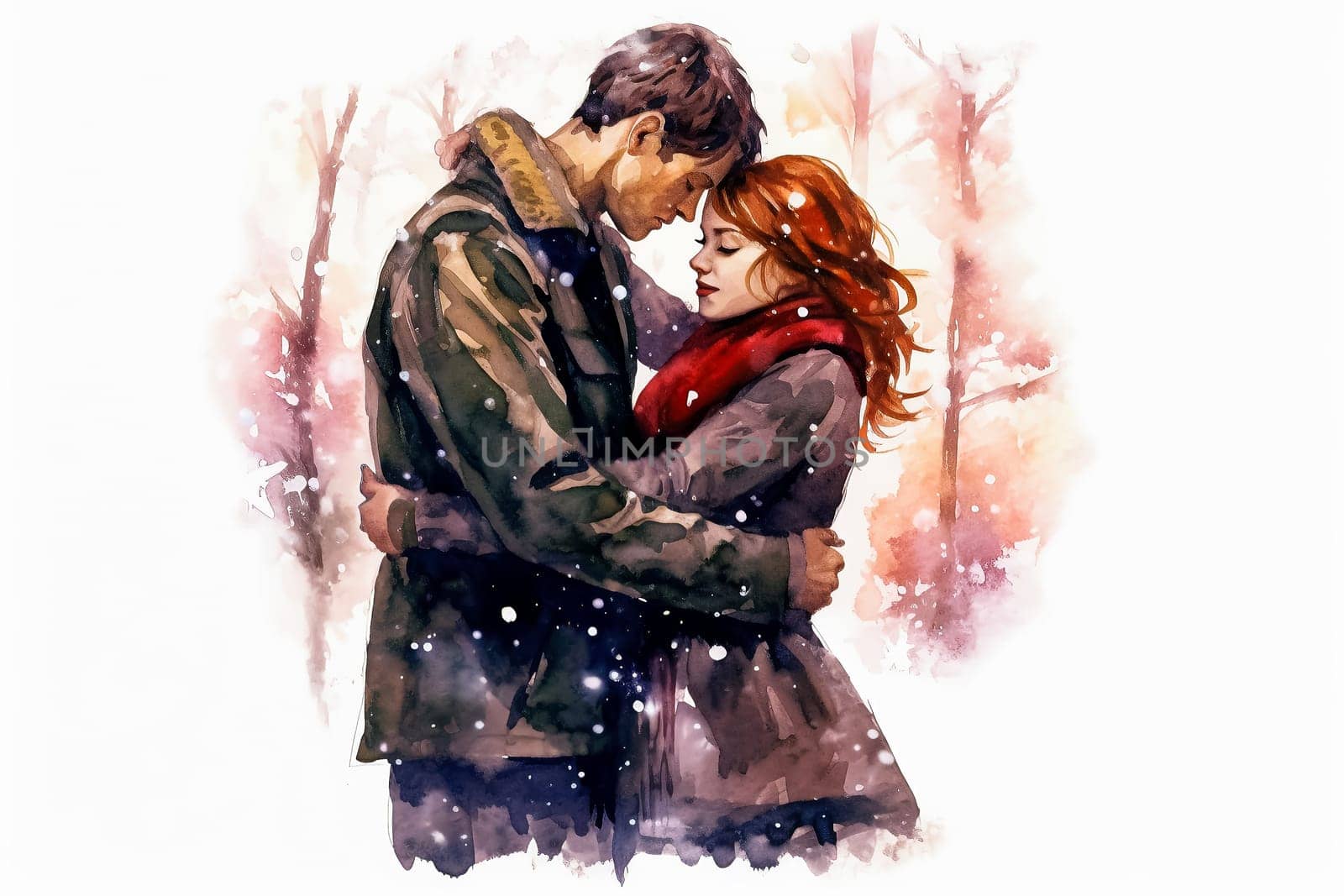 a watercolor illustration of a couple in love against a festive New Years background. by Alla_Morozova93