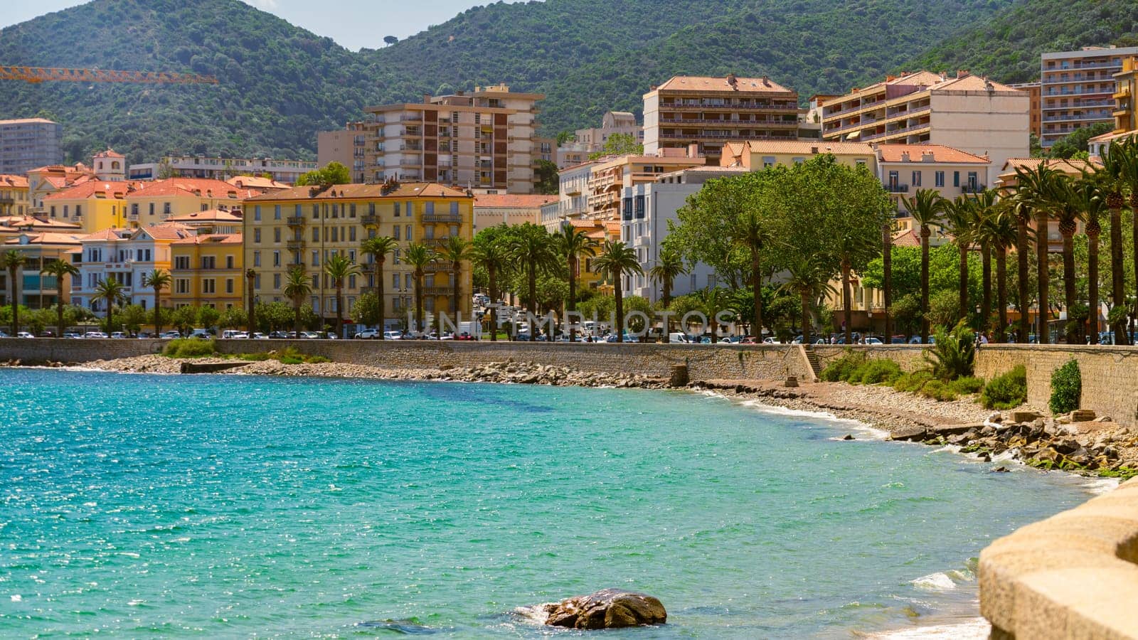 Ajaccio public beach, summer landscape of Corsica Island, France