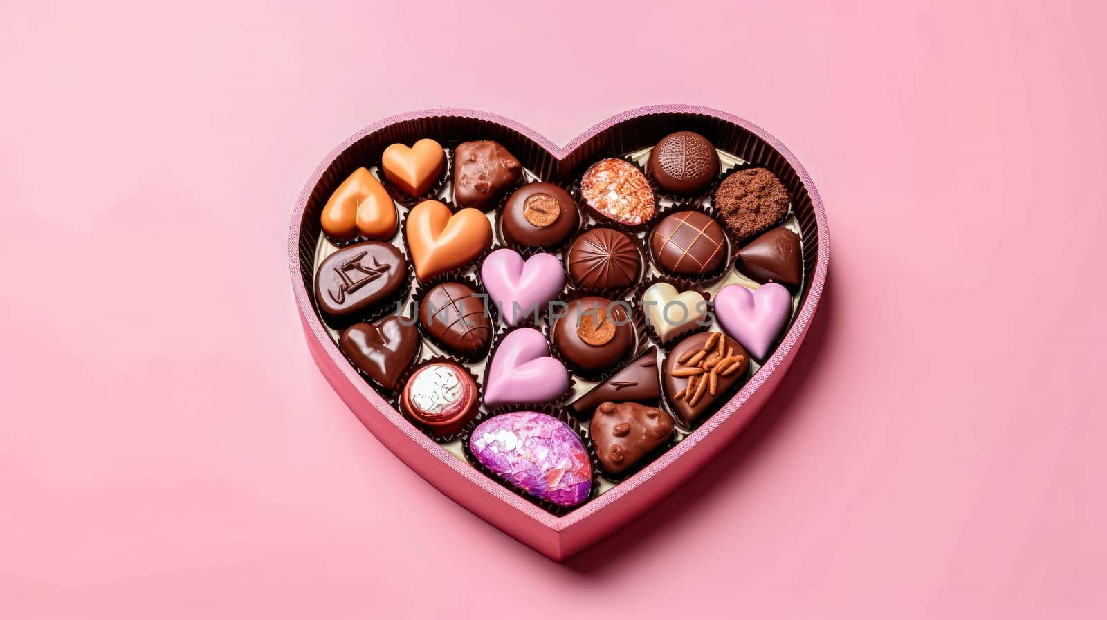 Delight your senses with heart shaped candies in a charming box on a pink background, creating a perfect visual for the Valentines Day concept.