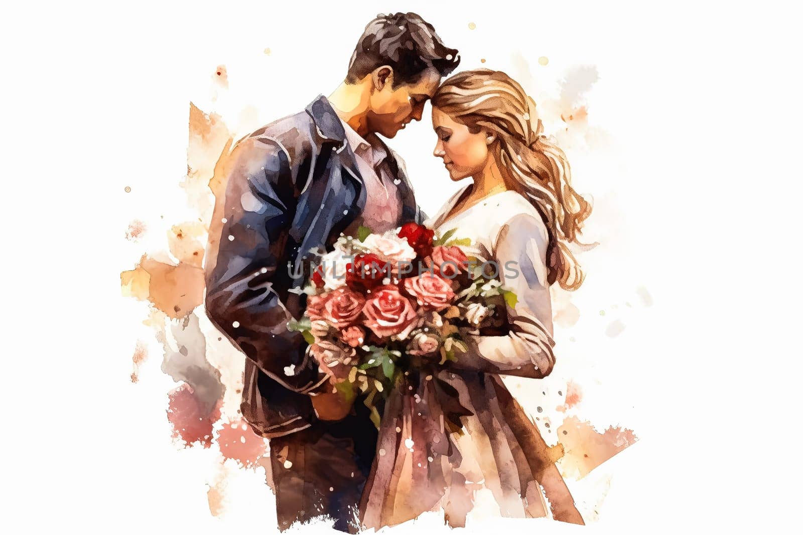 Celebrate the union of love with a watercolor illustration capturing the essence of a newlywed couple, radiating joy and romance on their wedding day.
