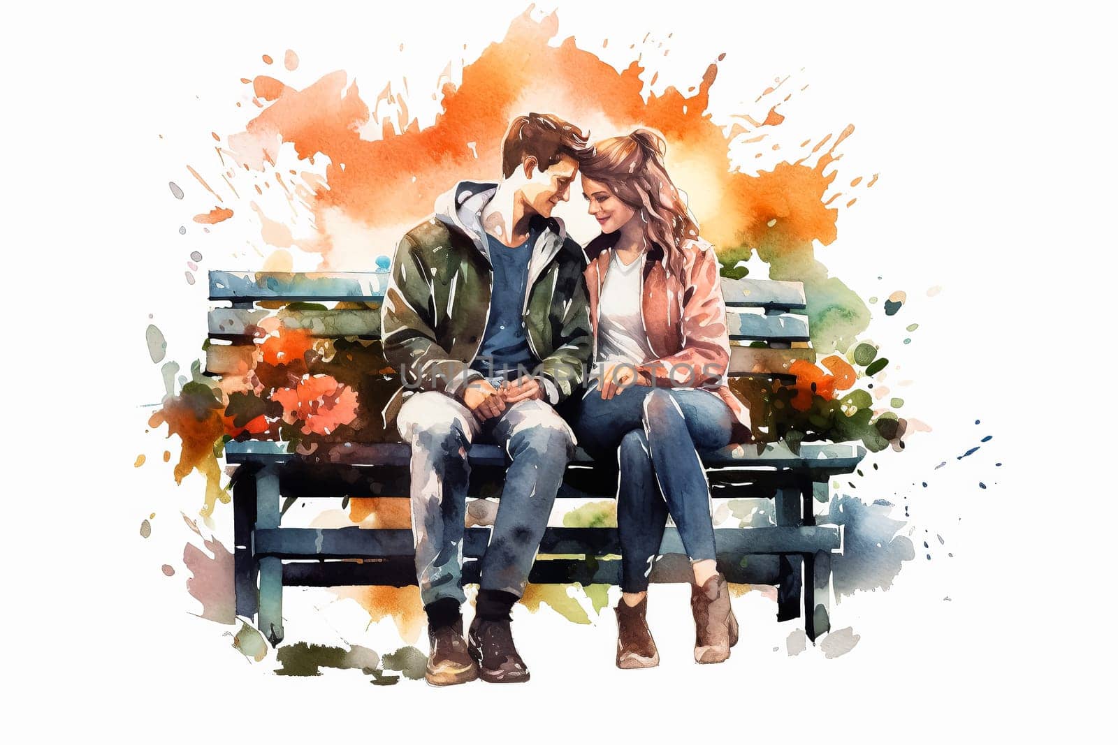 Experience the tranquility of love with a watercolor illustration capturing a couple in a tender moment, sitting on a bench. A picturesque and romantic date.