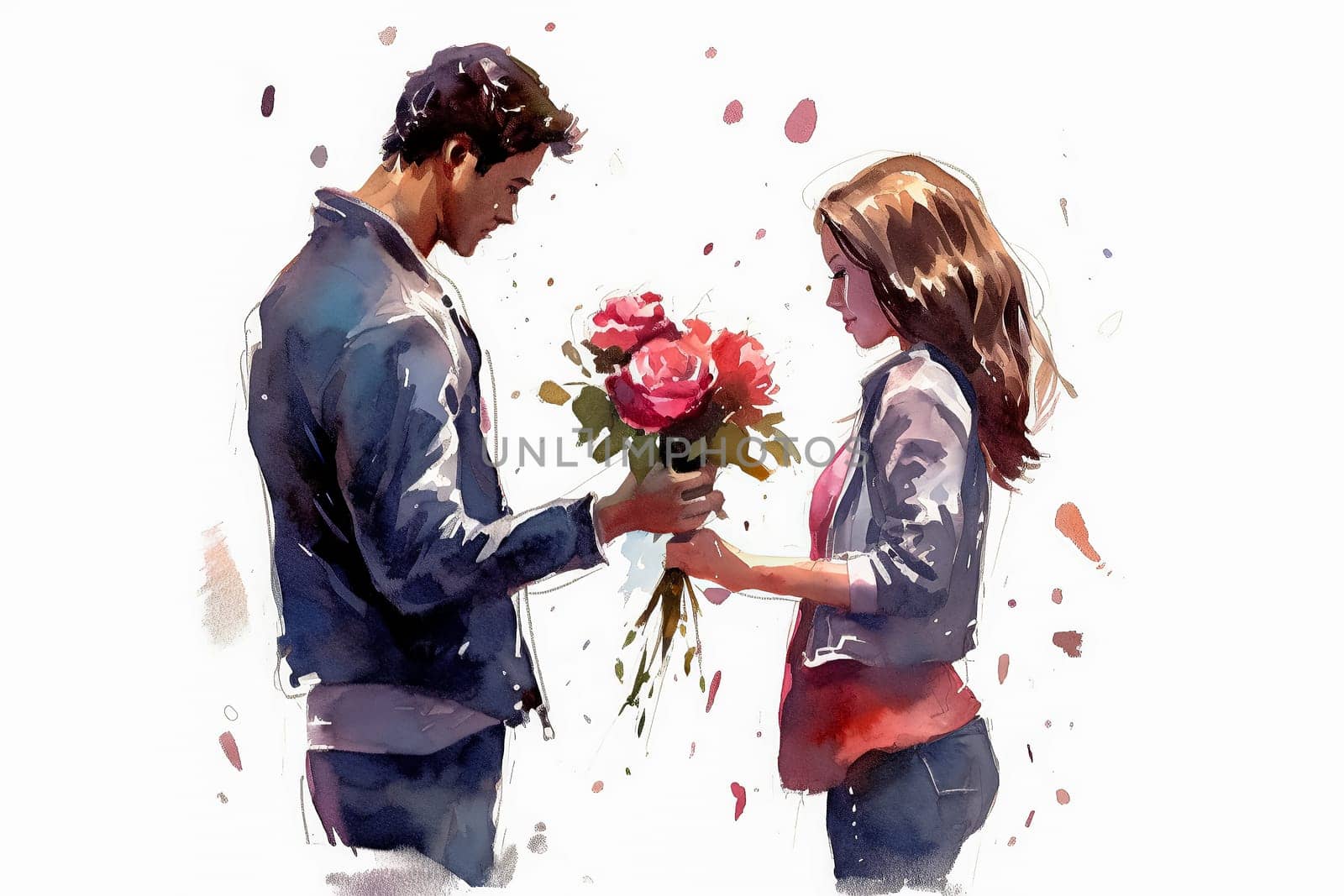 a watercolor illustration beautifully depicts a guy presenting a bouquet of flowers to a delighted girl. by Alla_Morozova93