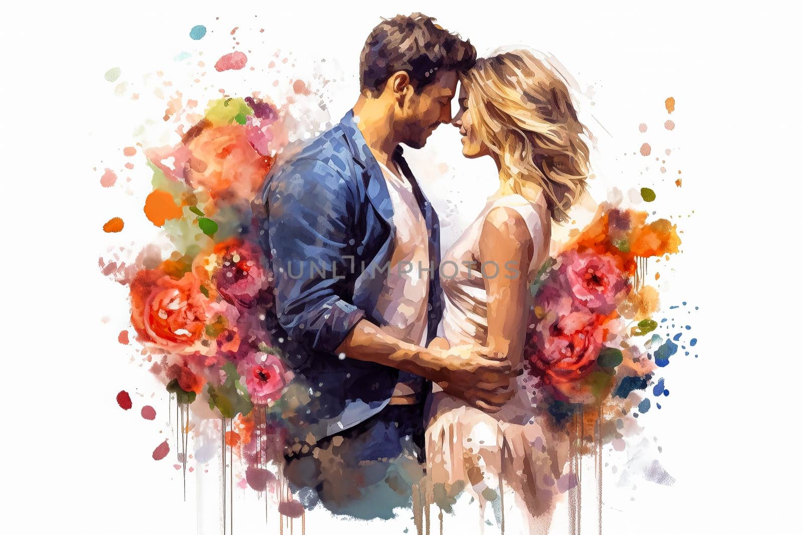 Evoke romance with a watercolor illustration portraying a couple kissing against a backdrop of flowers. The art captures the essence of a romantic and intimate date.