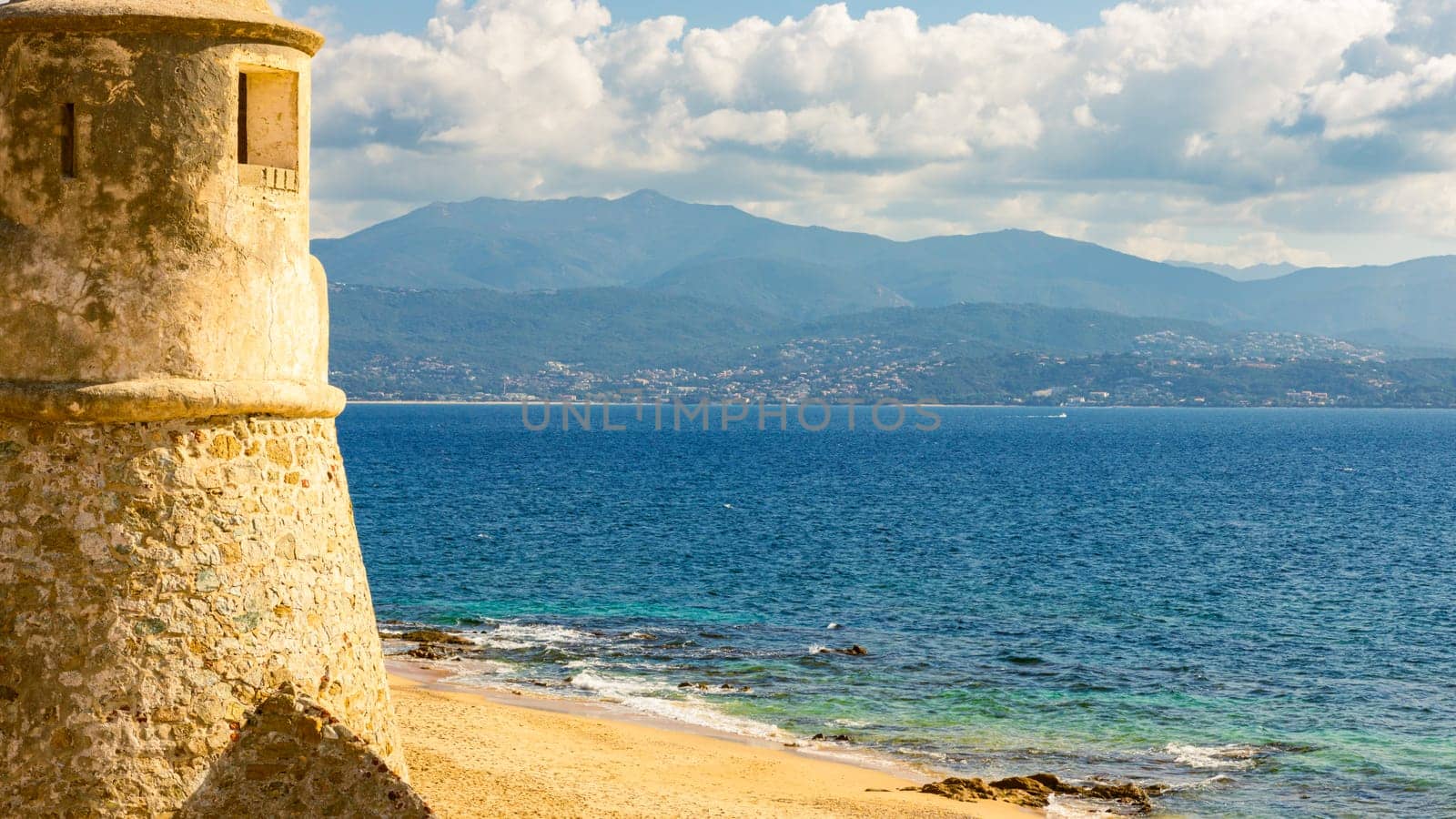 La Citadelle in Ajaccio, Old stone fortress and sandy beach in Corsica, France by vladispas