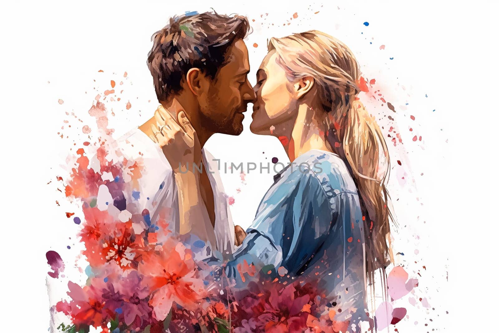 a watercolor illustration portraying a couple kissing against a backdrop of flowers. by Alla_Morozova93