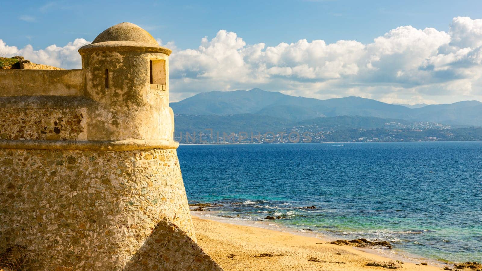 La Citadelle in Ajaccio, Old stone fortress and sandy beach in Corsica, France