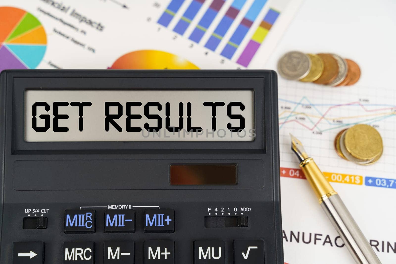 On the table are financial reports, coins and a calculator with the inscription - get results by Sd28DimoN_1976