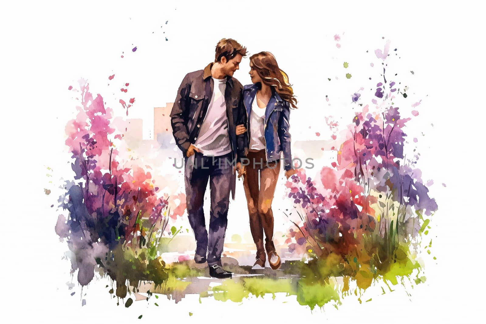 Celebrate loves journey with a watercolor illustration of a couple strolling in nature. The art beautifully captures the essence of their romantic connection.