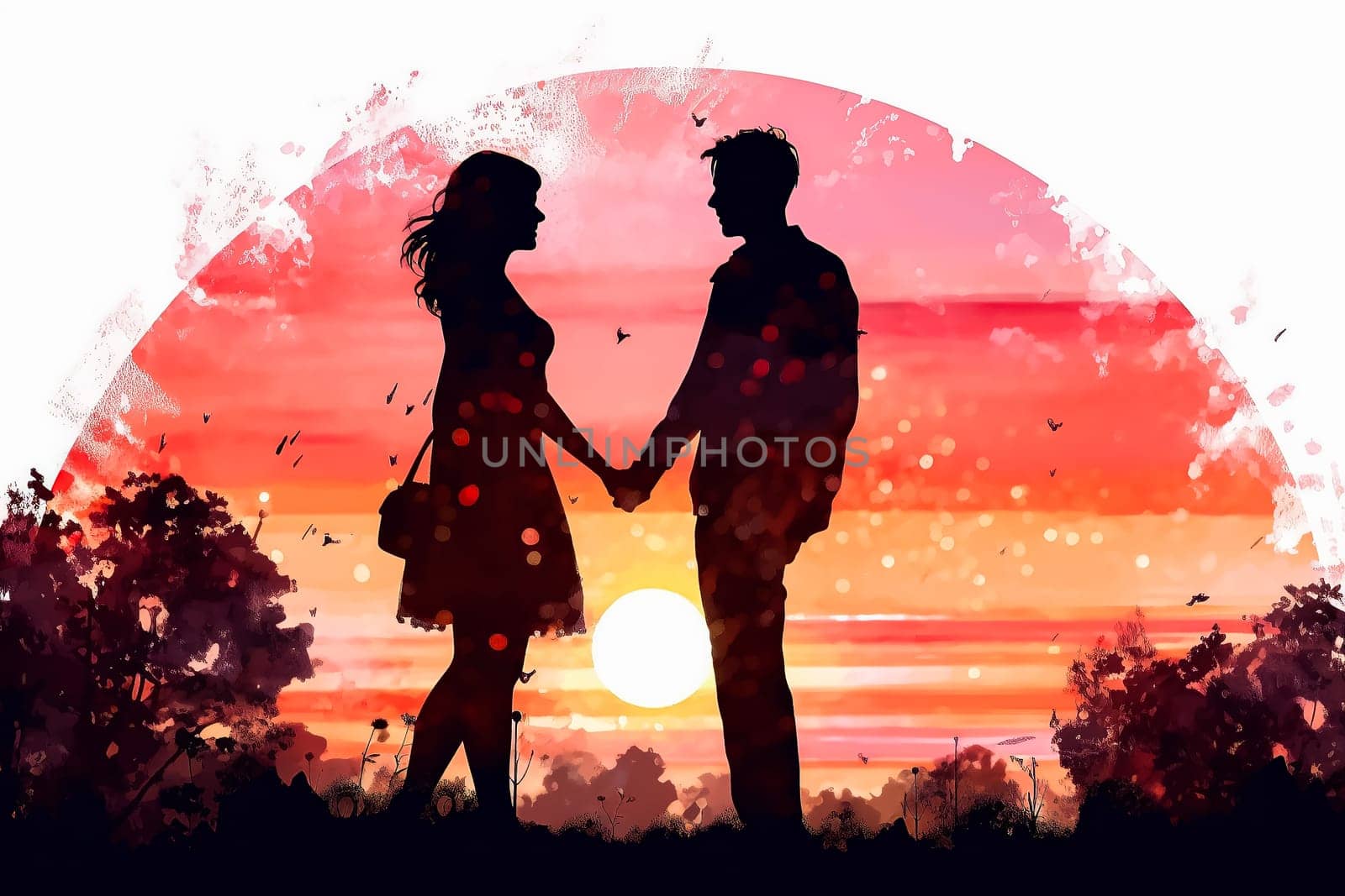 watercolor illustration, capturing a couple in a romantic date against a bright background. by Alla_Morozova93
