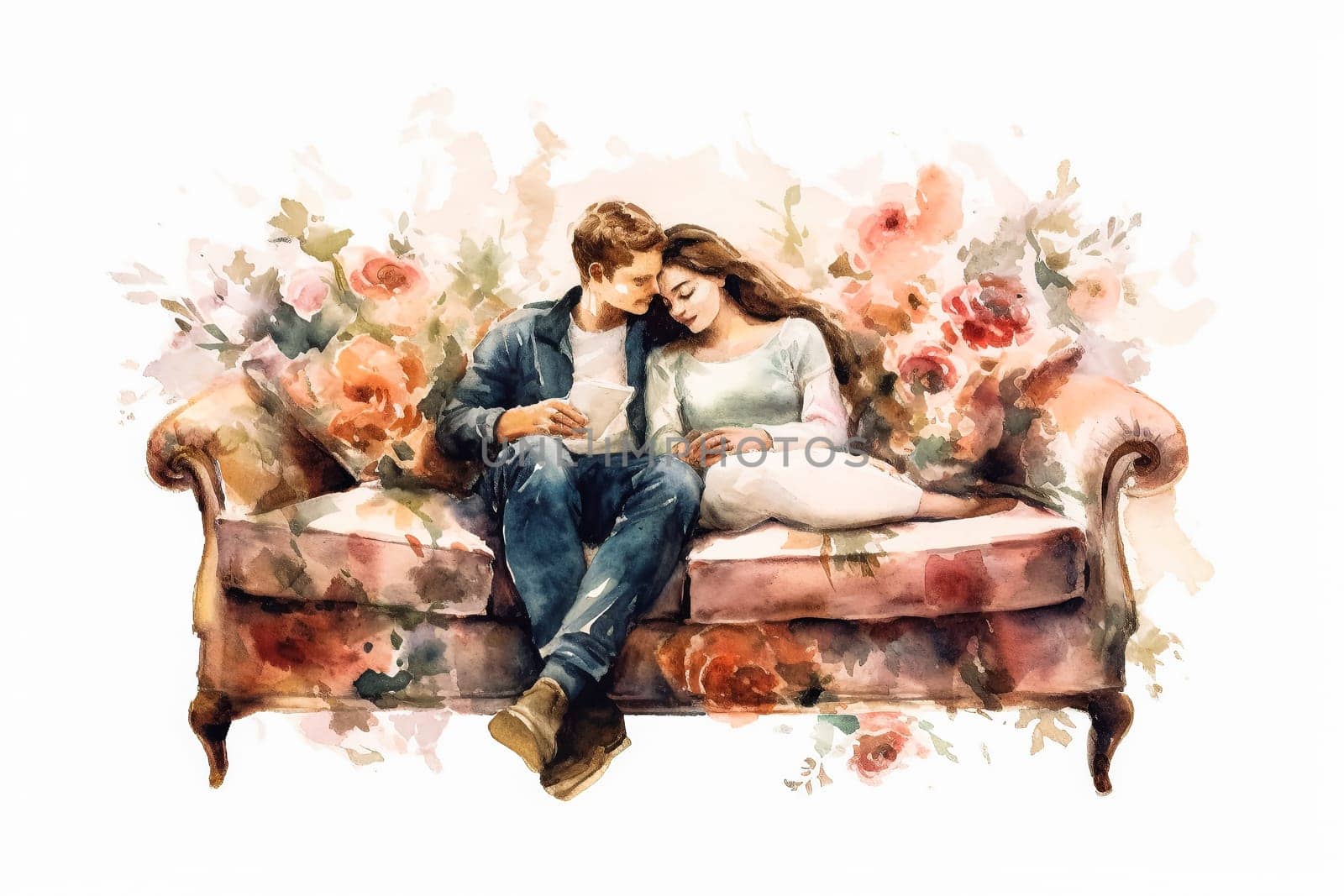 a watercolor illustration of a couple in a tender hug on the sofa. by Alla_Morozova93