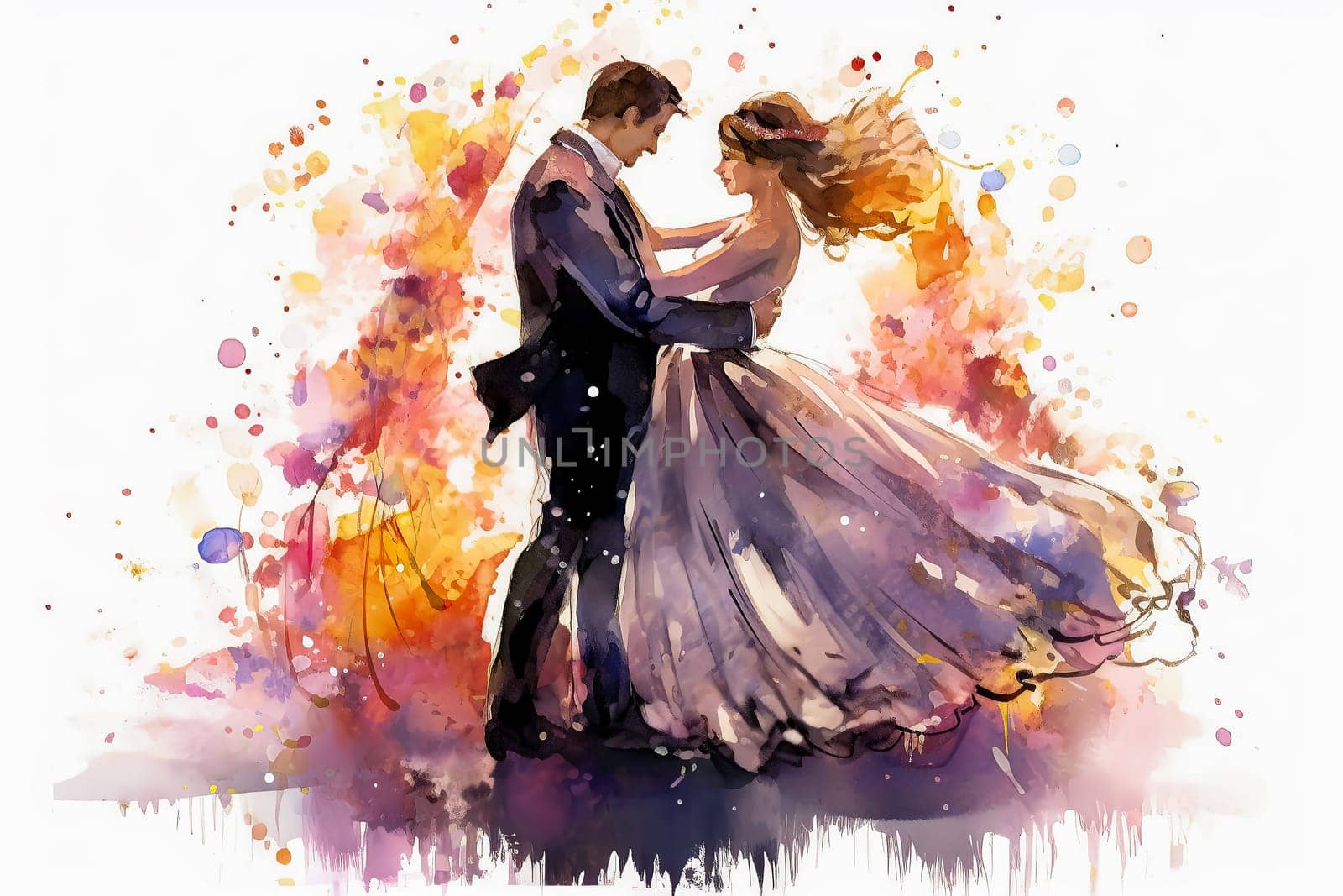a watercolor illustration depicting a couple in love dancing against a vibrant backdrop. by Alla_Morozova93