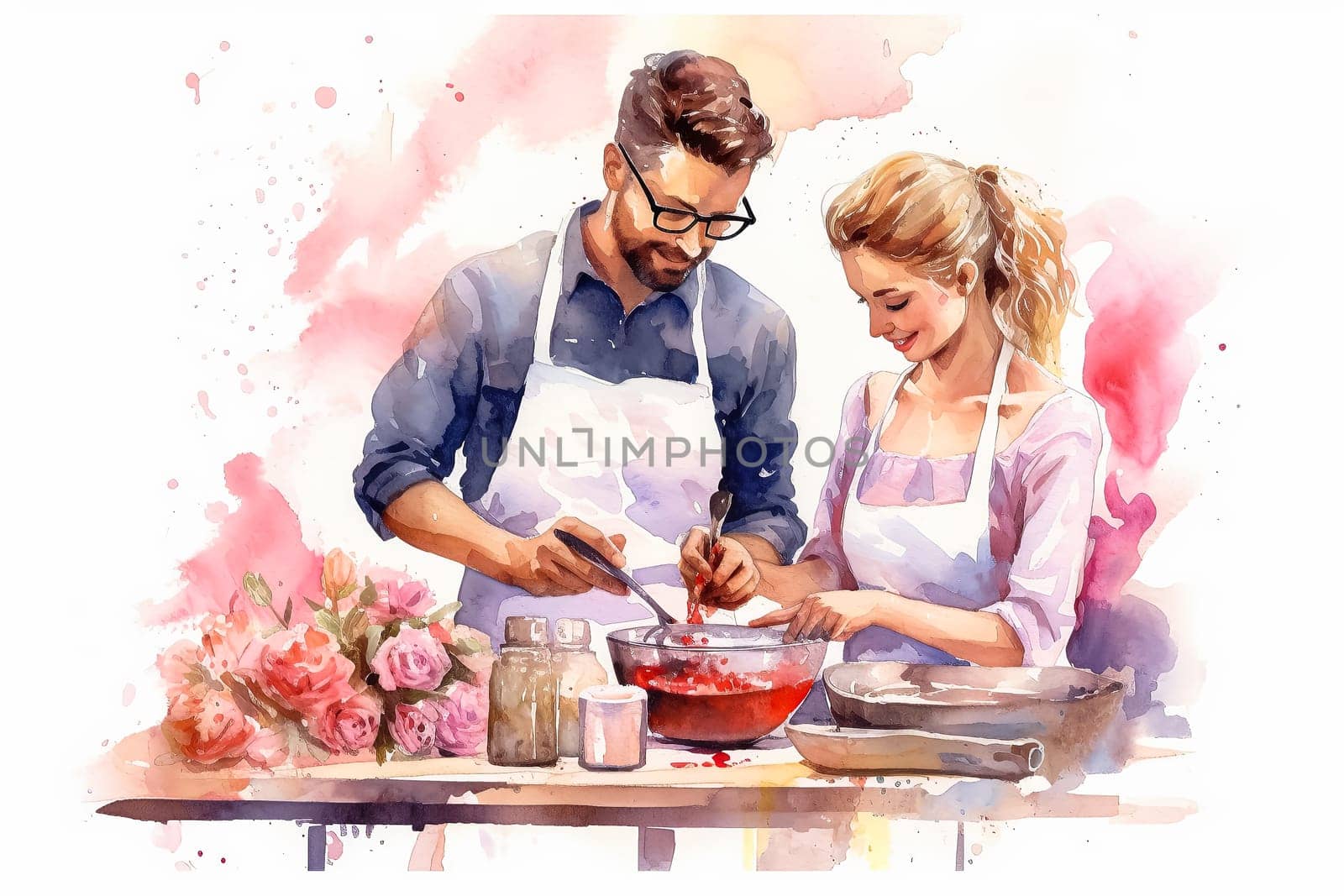 a watercolor illustration of a couple preparing food together. by Alla_Morozova93