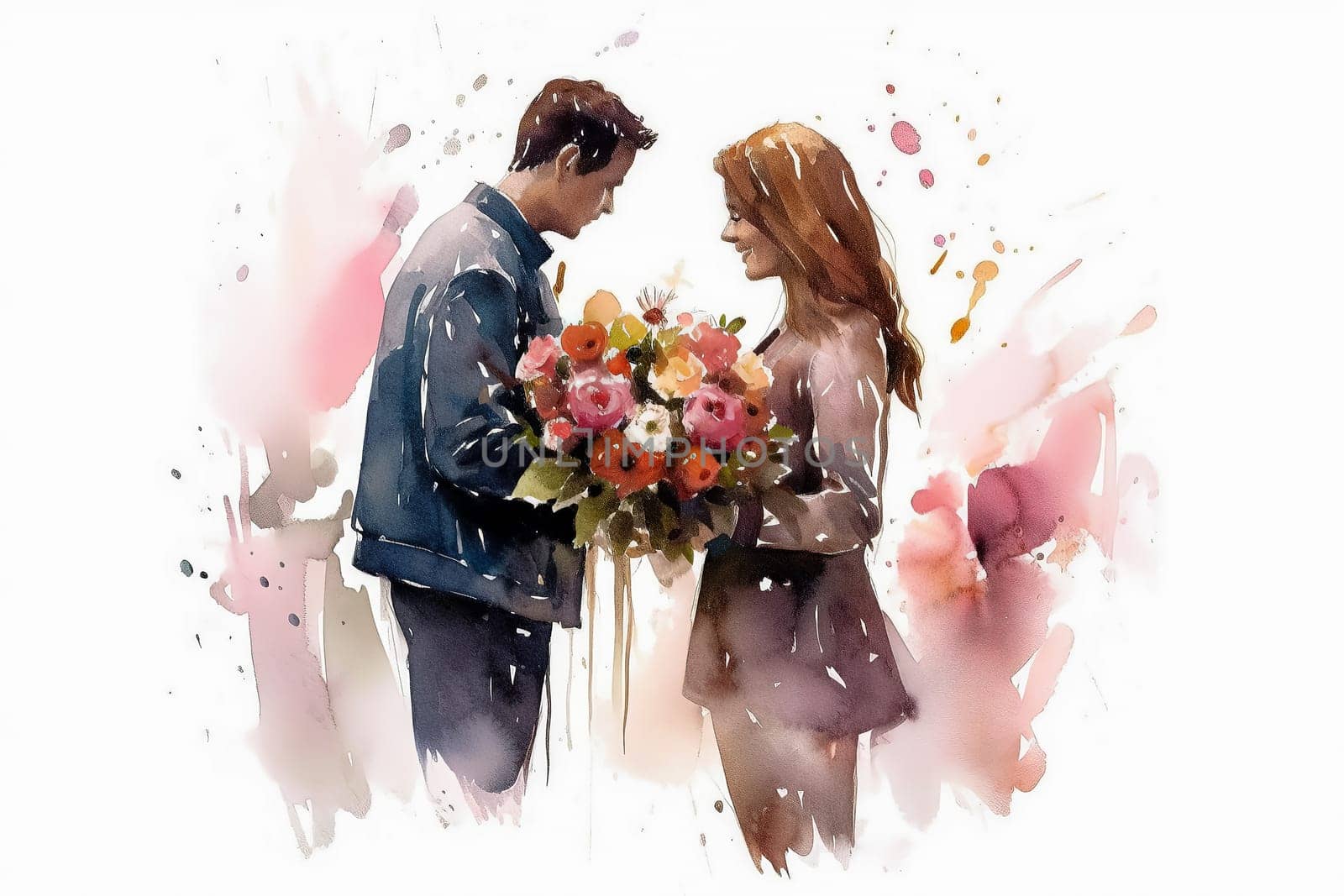 Experience the tenderness of a romantic date as a watercolor illustration beautifully depicts a guy presenting a bouquet of flowers to a delighted girl.