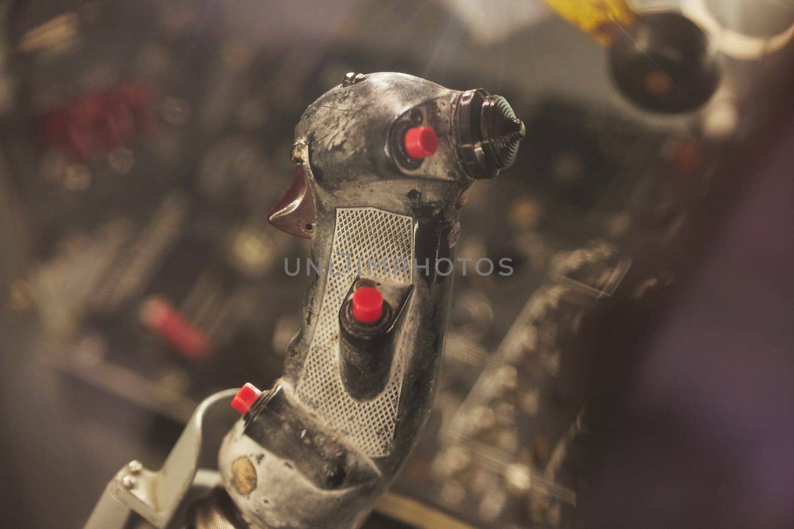 Joystick of an old jet fighter close-up in Denmark.