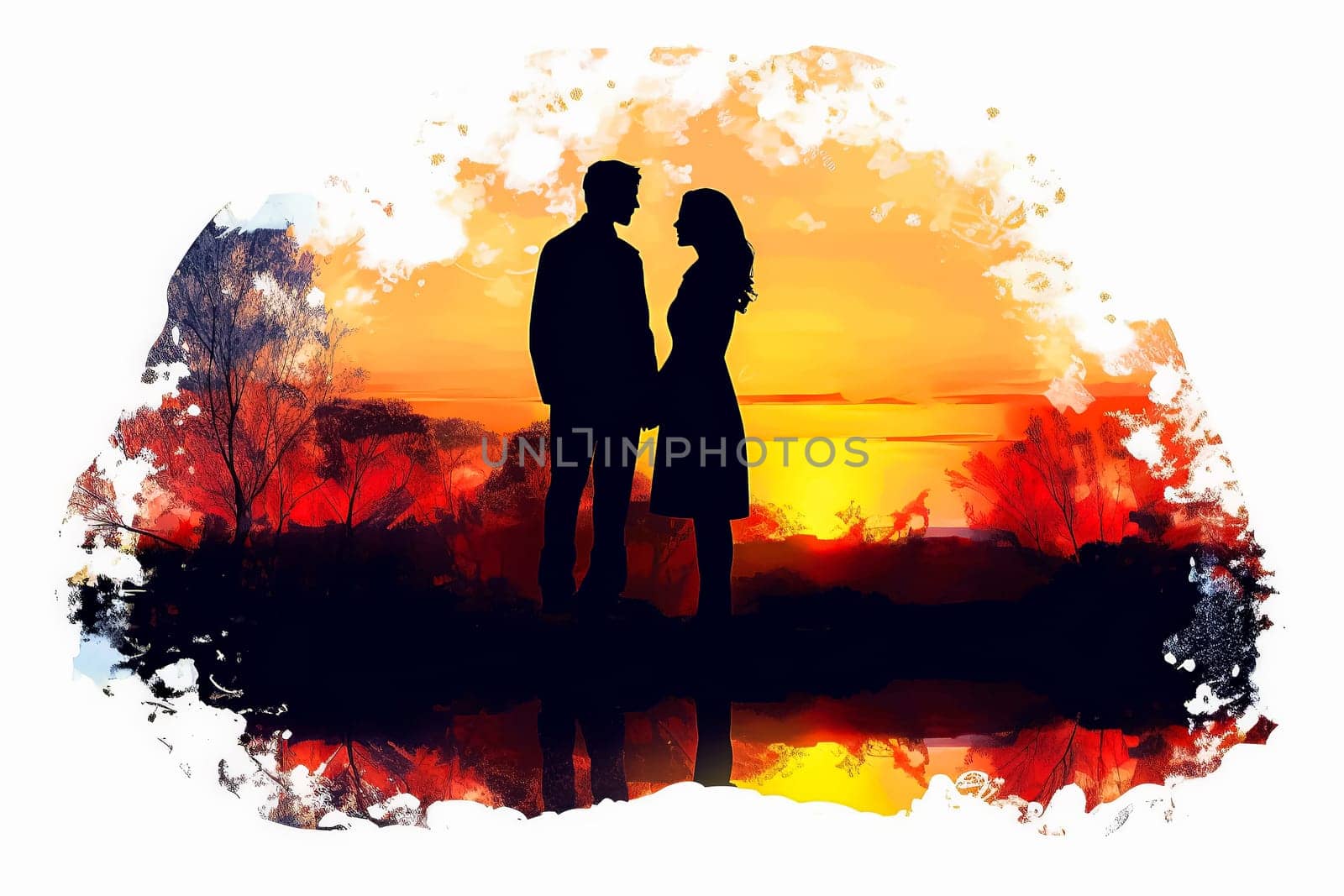 Celebrate loves silhouette with a vibrant watercolor illustration, capturing a couple in a romantic date against a bright background. A vivid expression of togetherness.