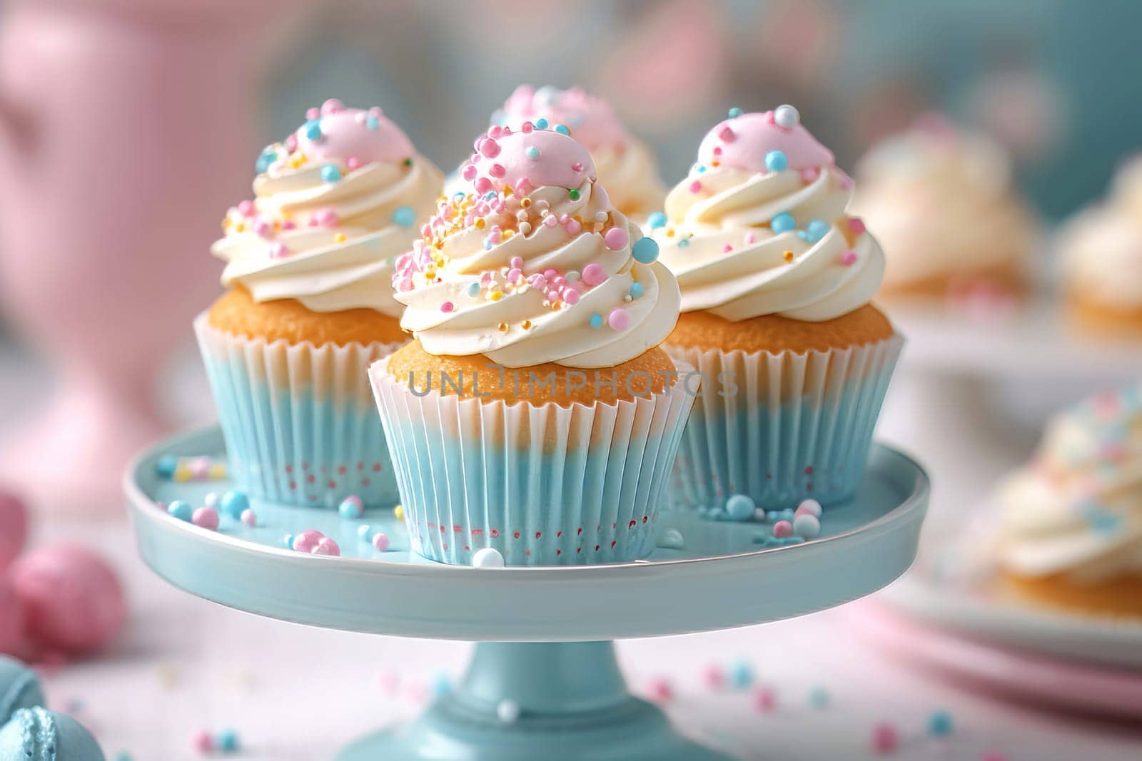 Desserts for a birthday party, pastel colors. AI generated.