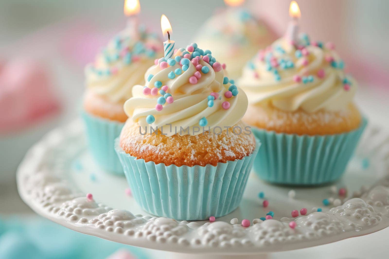 Desserts for a birthday party, pastel colors. AI generated.