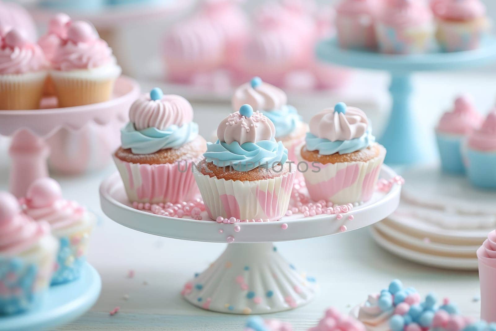 Desserts for a birthday party, pastel colors. AI generated.