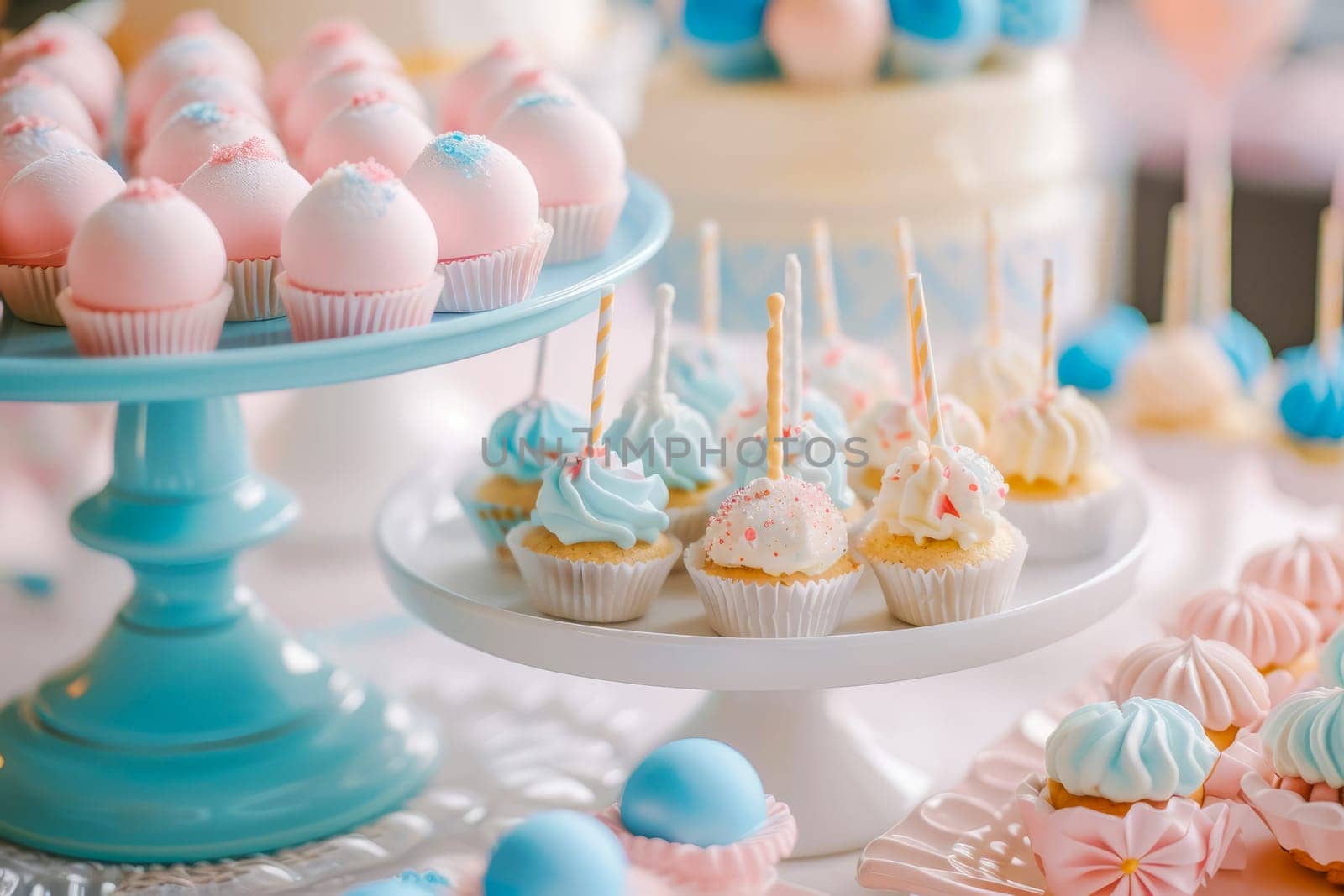 Desserts for a birthday party, pastel colors. AI generated.