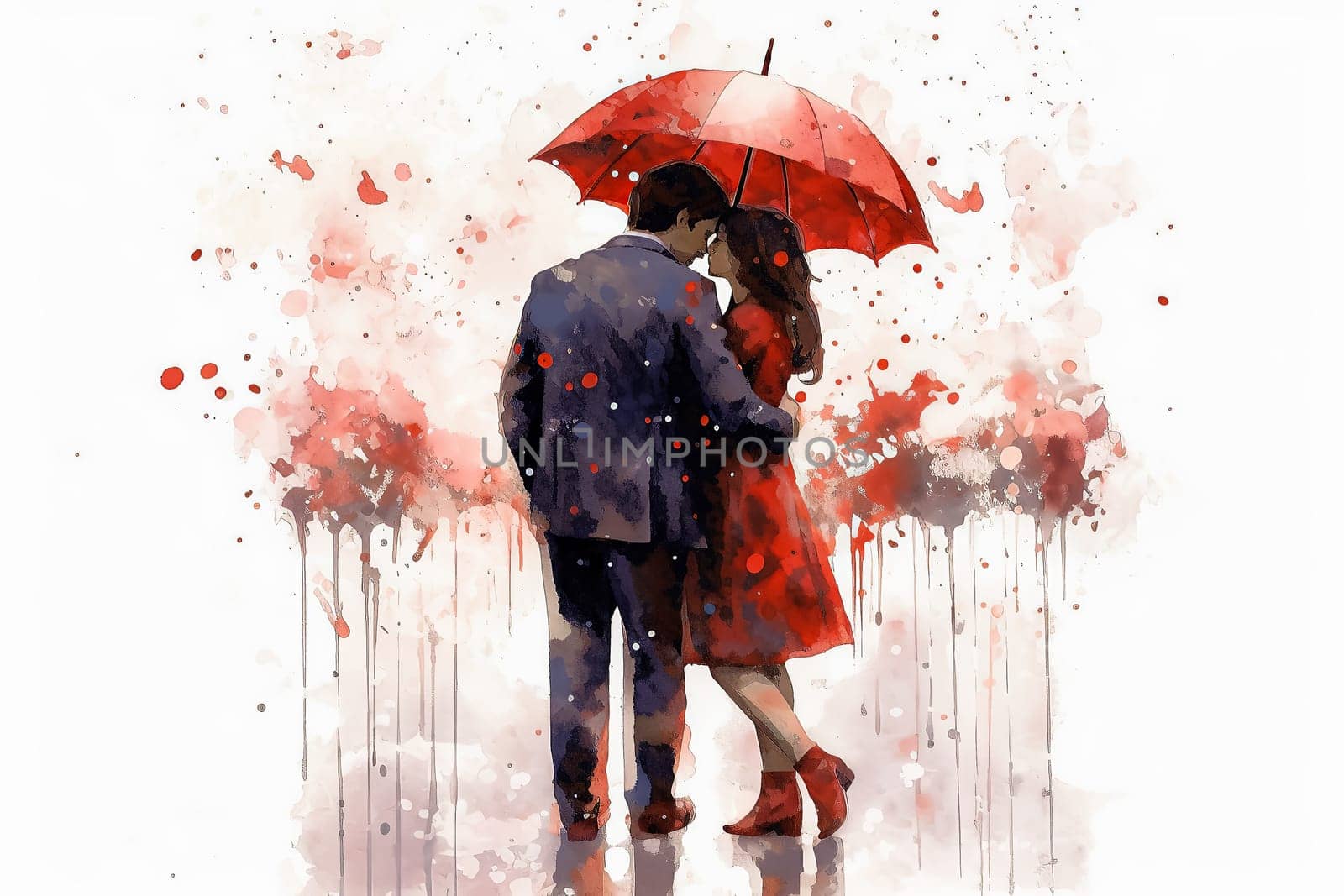 a watercolor illustration depicts a couple strolling outdoors after the rain. by Alla_Morozova93