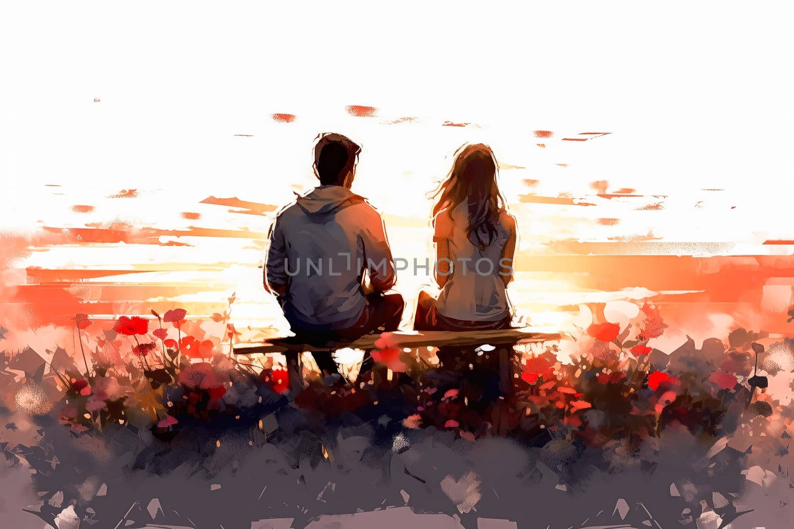 a watercolor illustration depicts a couple in a tender moment, gazing at the setting sun. by Alla_Morozova93