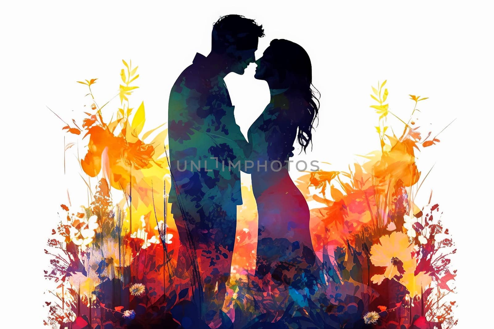 Celebrate loves silhouette with a vibrant watercolor illustration, capturing a couple in a romantic date against a bright background. A vivid expression of togetherness.