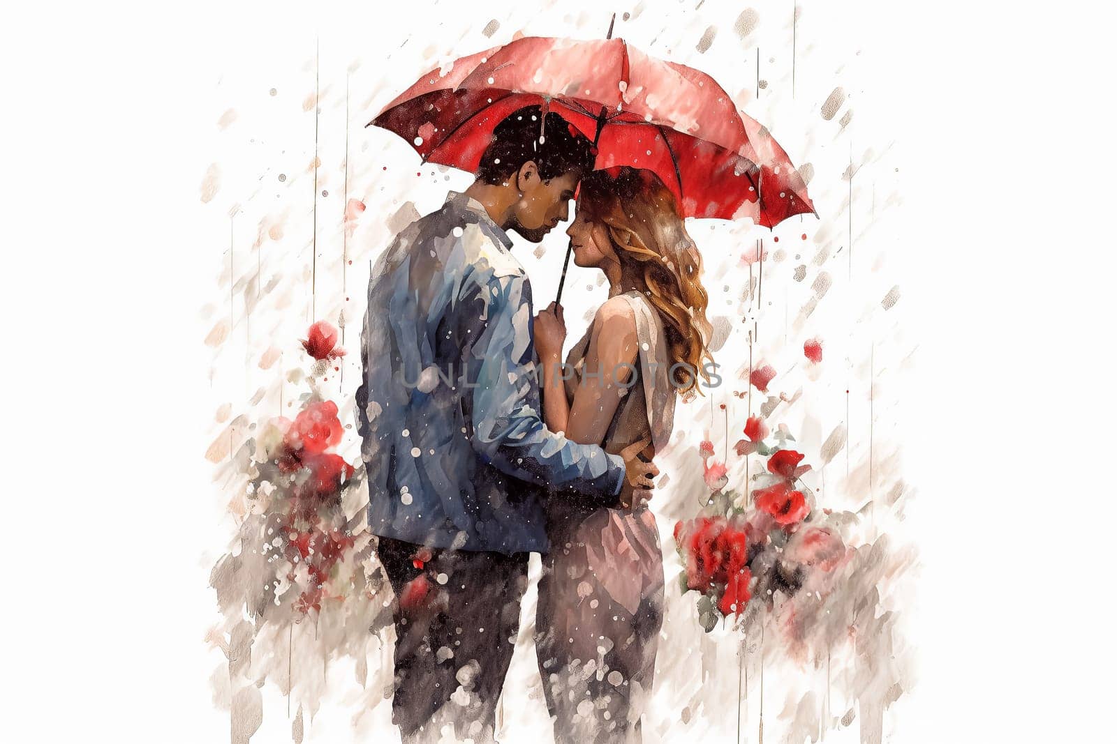a watercolor illustration depicts a couple strolling outdoors after the rain. by Alla_Morozova93