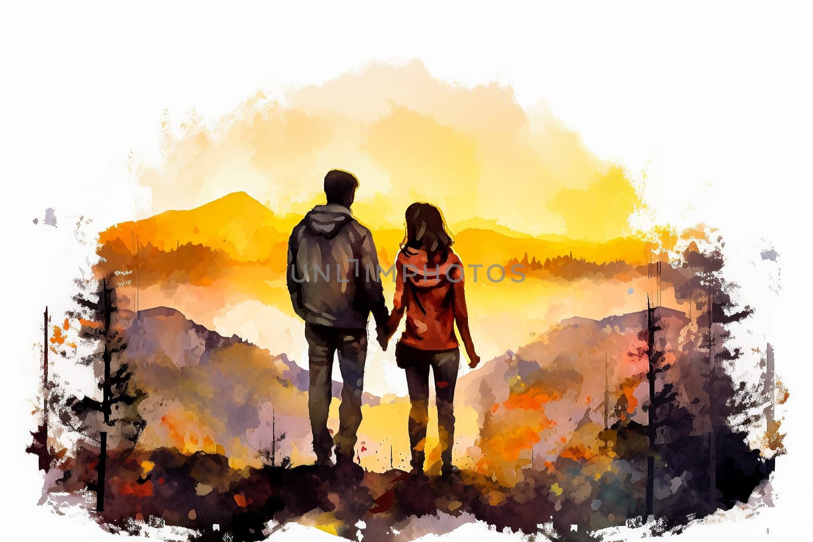 Embrace the beauty of love as a watercolor illustration depicts a couple in a tender moment, gazing at the setting sun. A romantic and enchanting date.