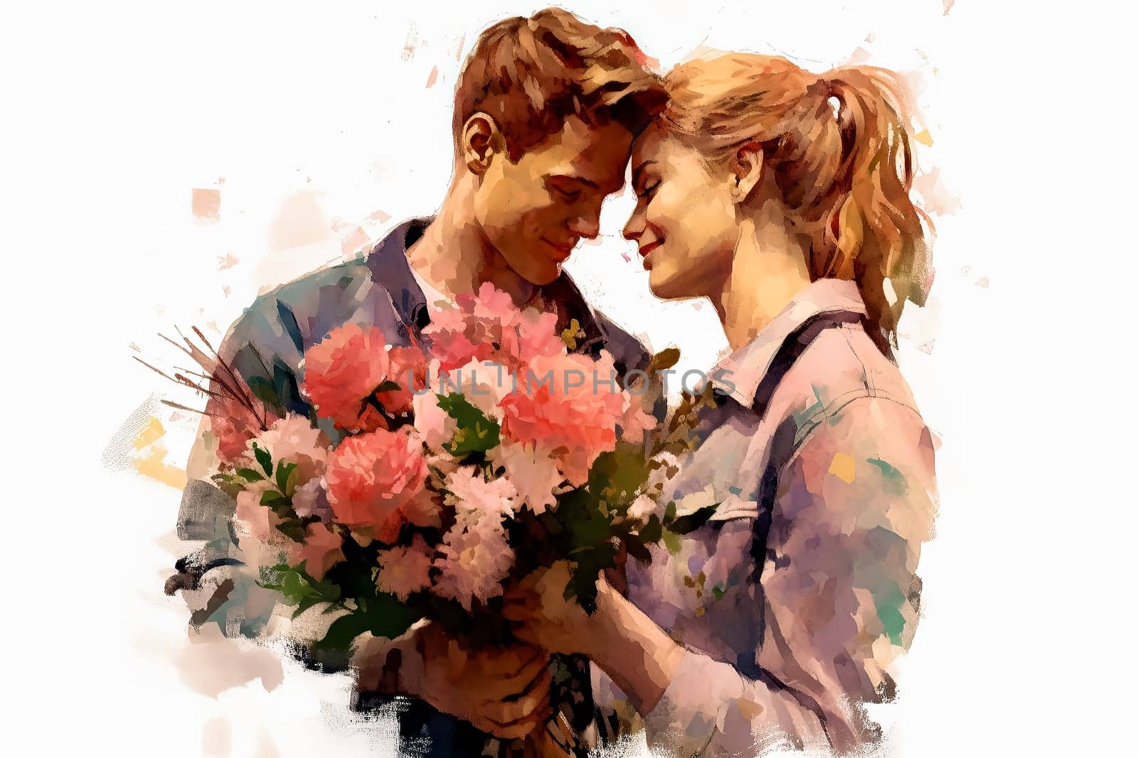 a watercolor illustration beautifully depicts a guy presenting a bouquet of flowers to a delighted girl. by Alla_Morozova93