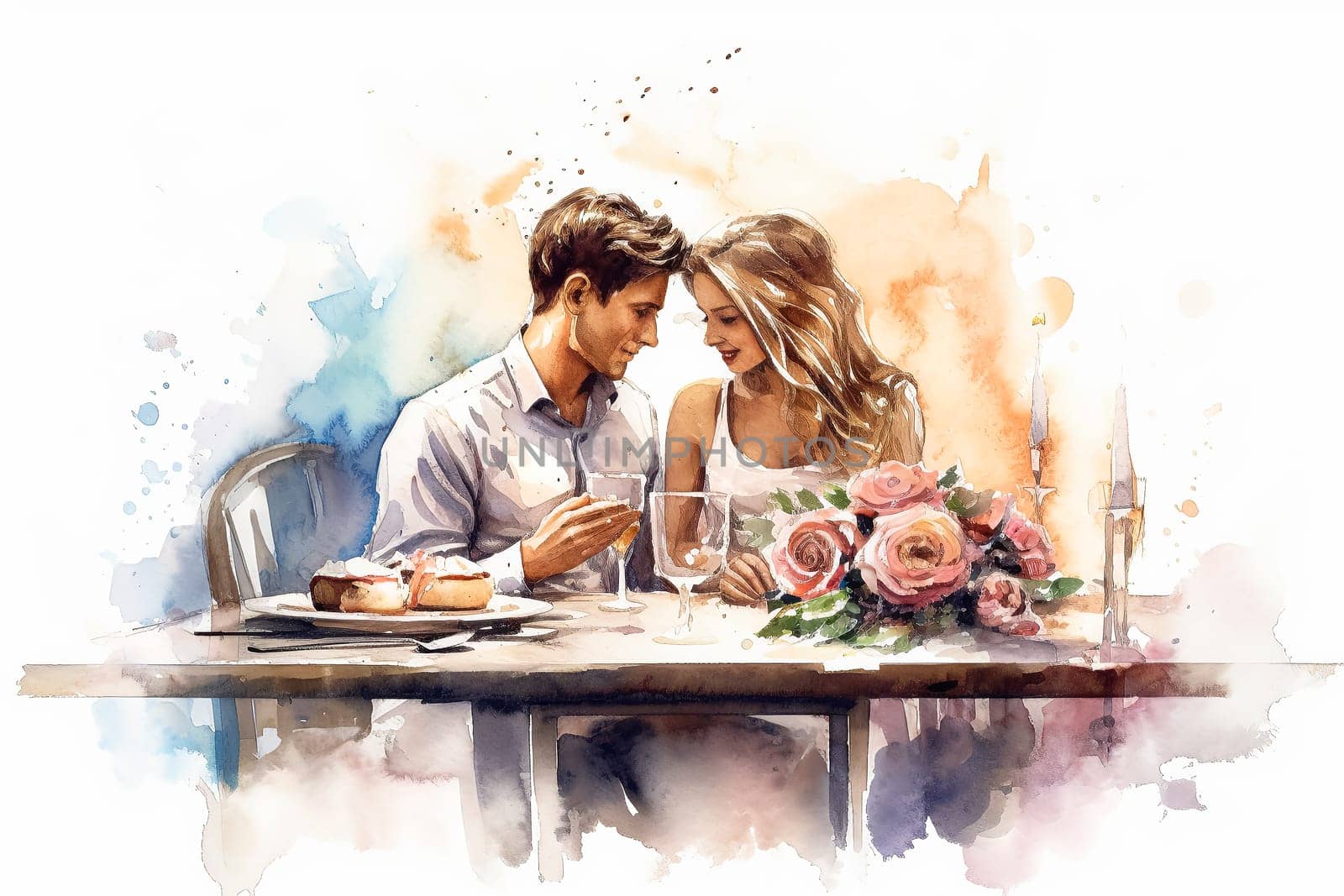 a watercolor illustration portrays a couple in love having breakfast in a charming cafe. by Alla_Morozova93