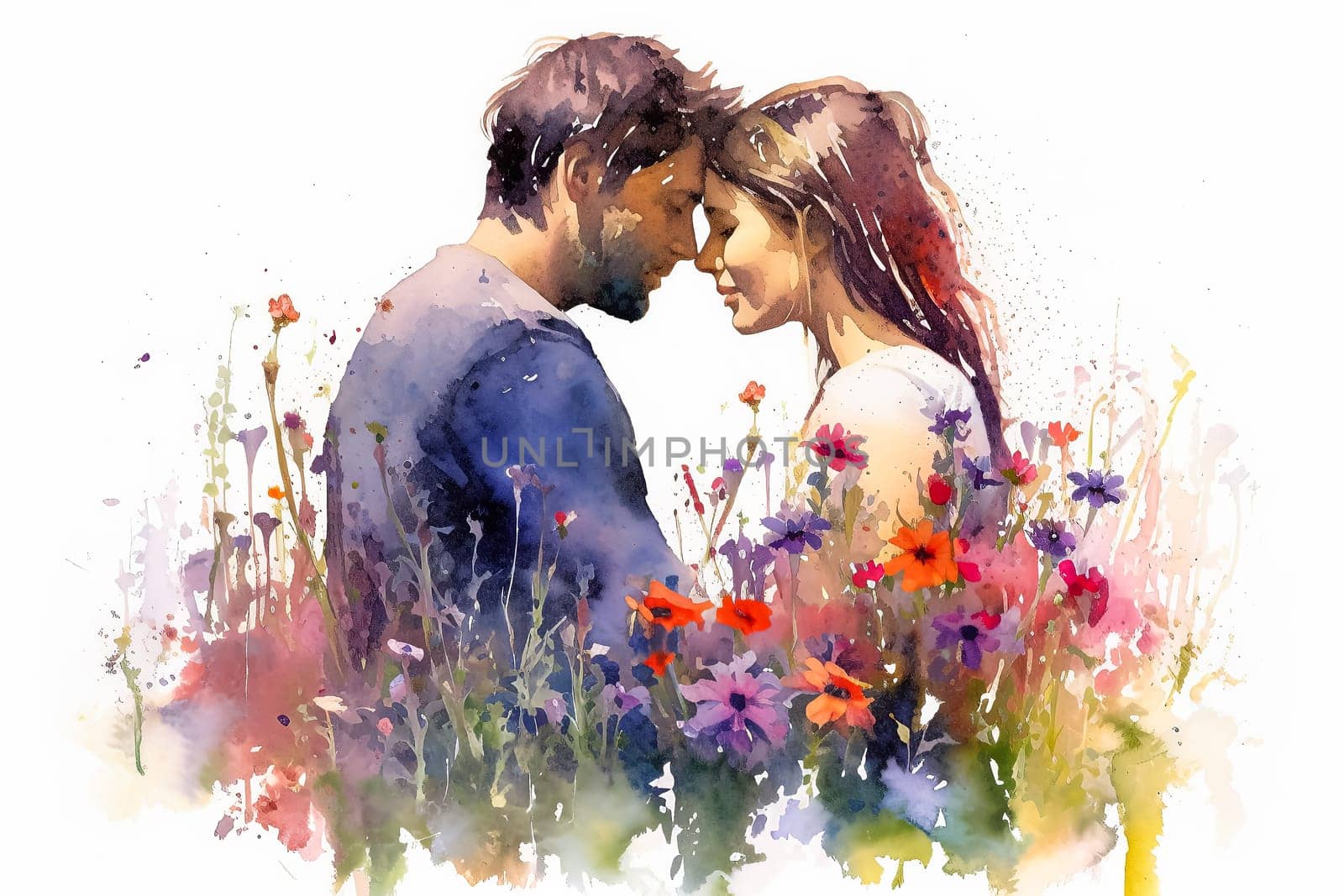 a watercolor illustration portraying a couple kissing against a backdrop of flowers. by Alla_Morozova93