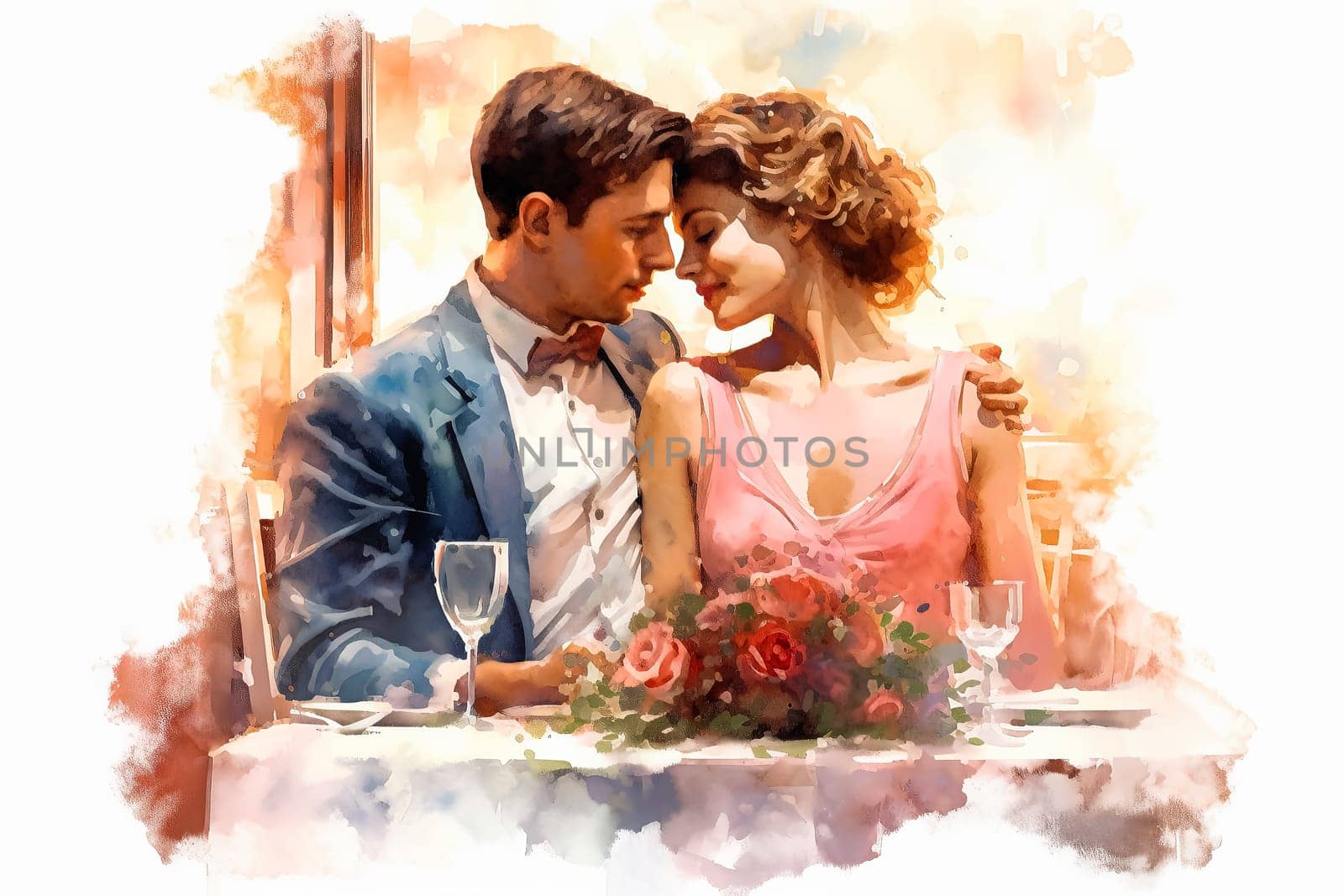 Indulge in a romantic date as a watercolor illustration portrays a couple in love having breakfast in a charming cafe. The art captures the essence of togetherness.