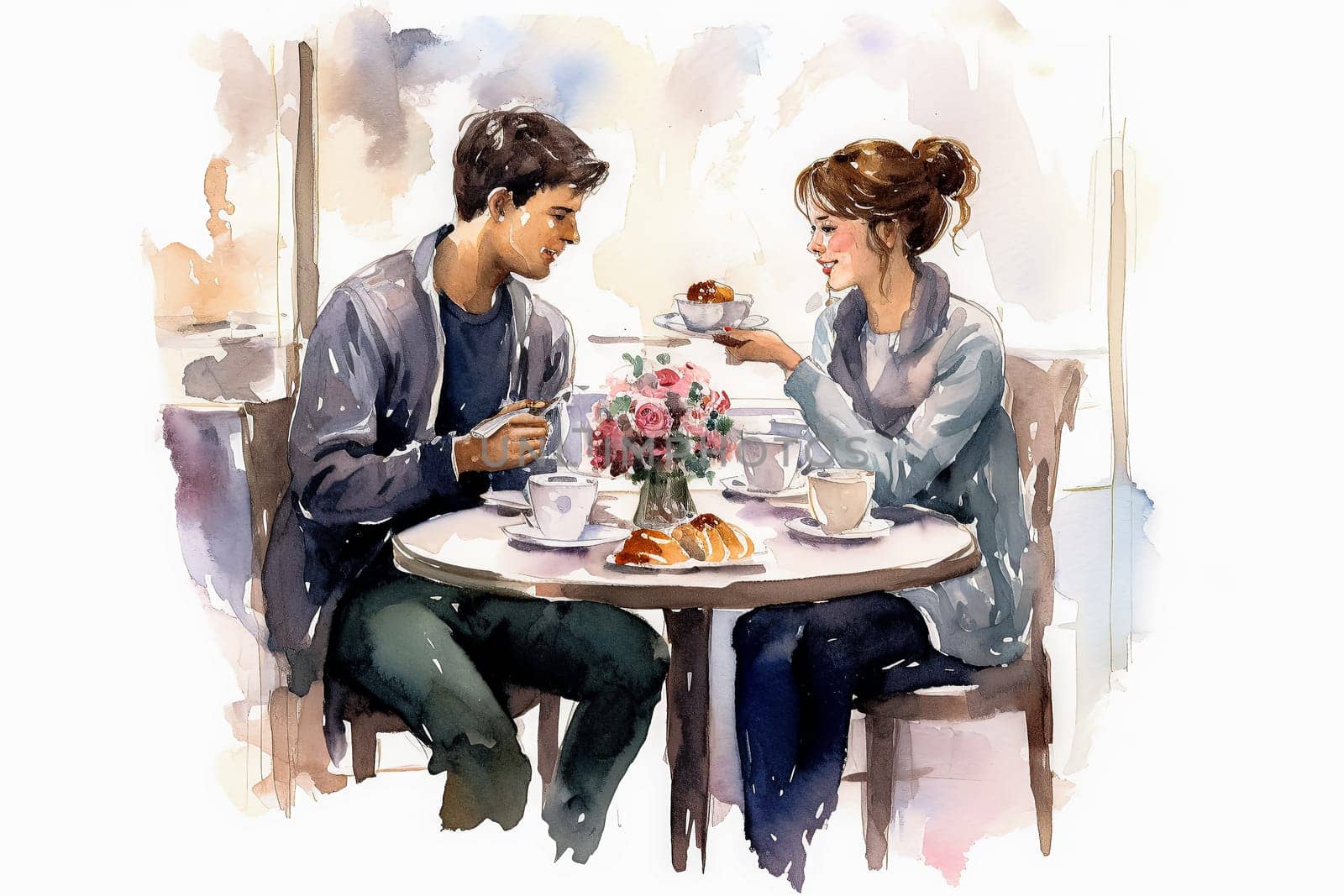 Indulge in a romantic date as a watercolor illustration portrays a couple in love having breakfast in a charming cafe. The art captures the essence of togetherness.