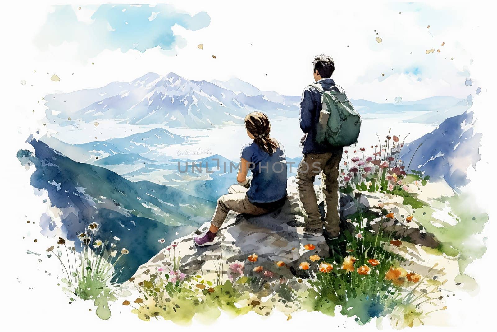Experience the serenity of love with a watercolor illustration depicting a couple in the mountains. by Alla_Morozova93