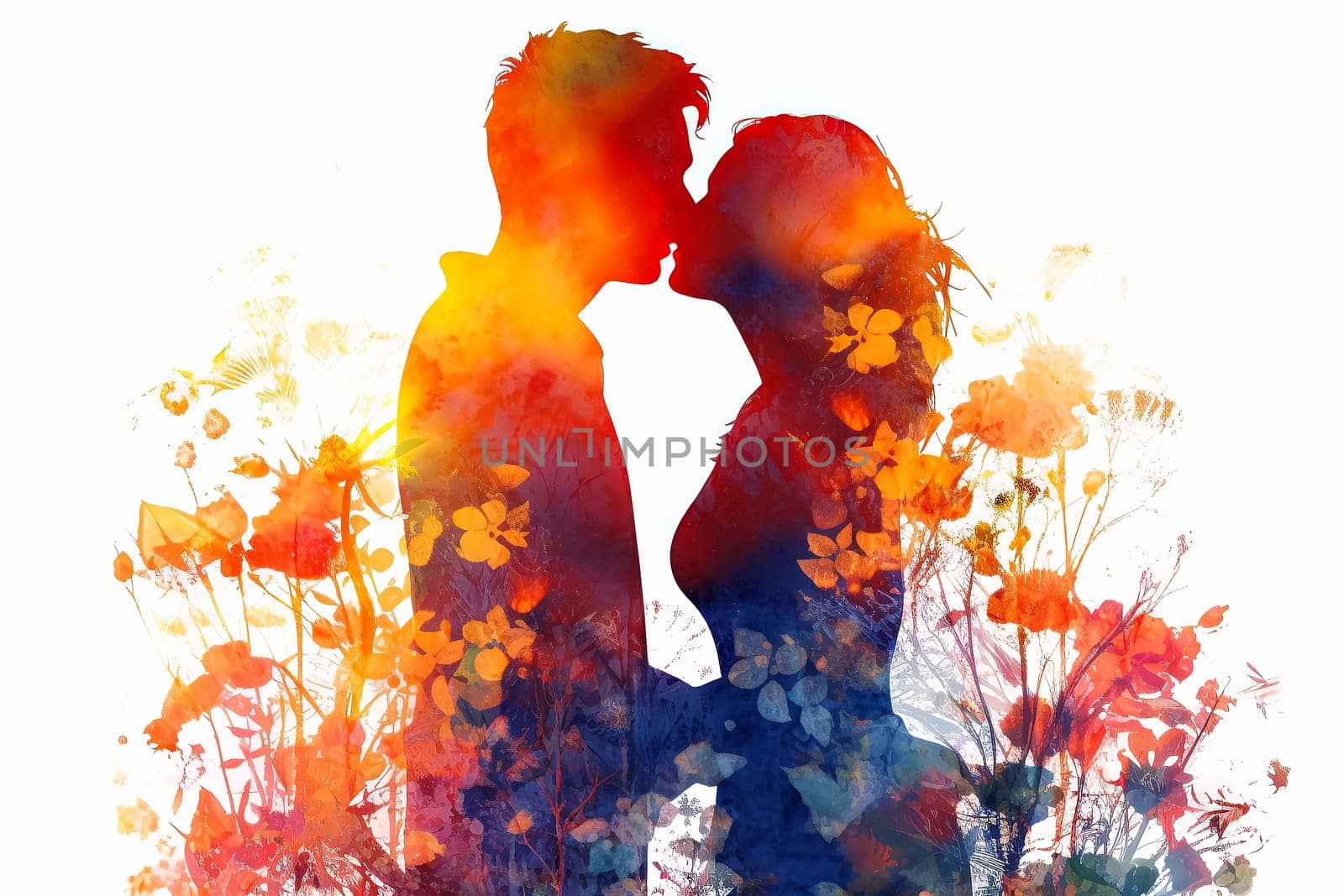 Celebrate loves silhouette with a vibrant watercolor illustration, capturing a couple in a romantic date against a bright background. A vivid expression of togetherness.