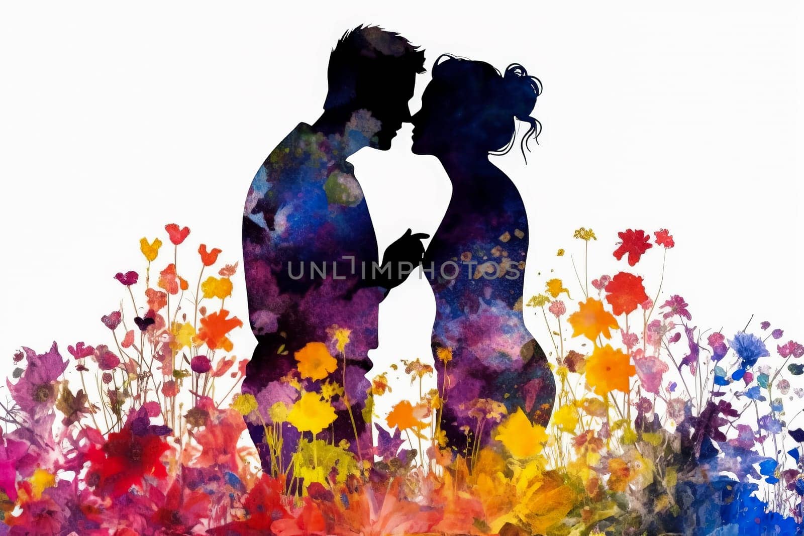 watercolor illustration, capturing a couple in a romantic date against a bright background. by Alla_Morozova93