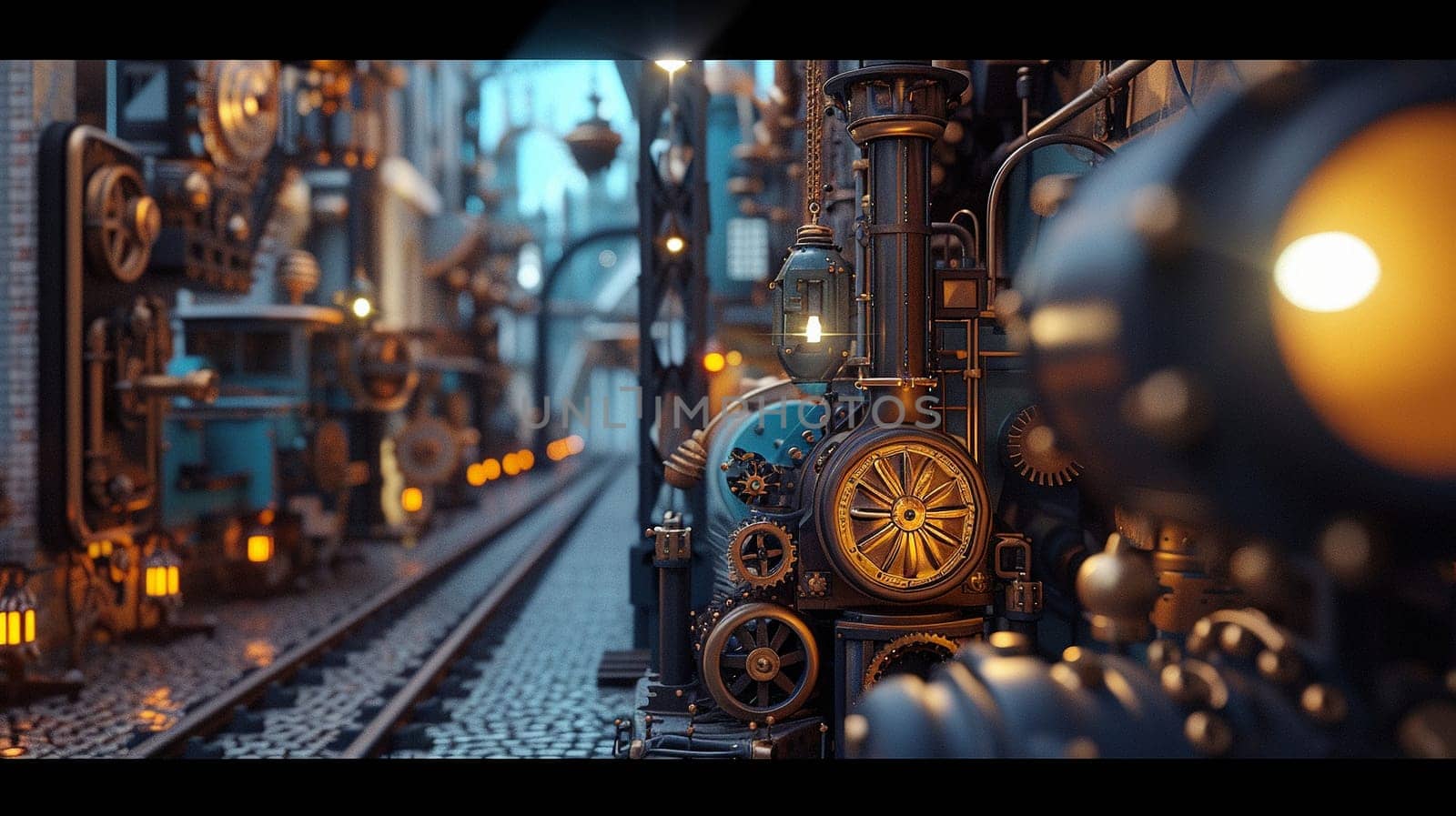 Steampunk city streets with mechanisms and clocks. High quality illustration