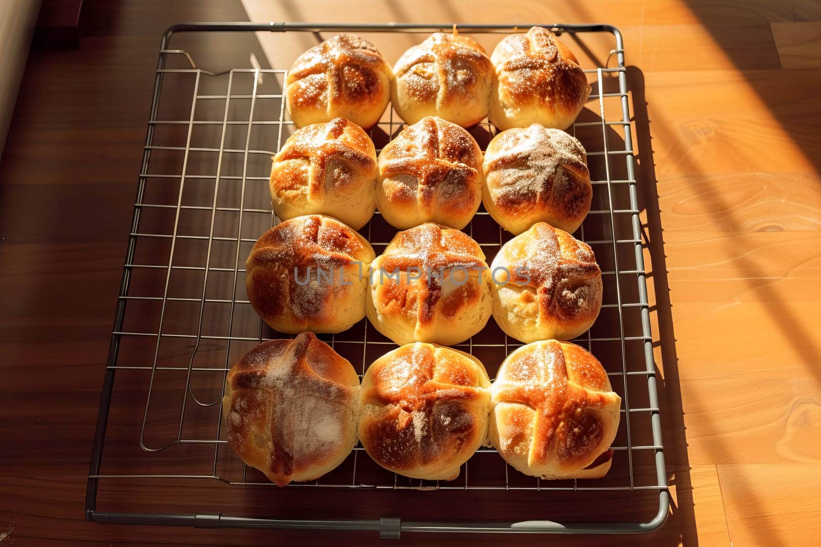 Traditional Easter hot cross buns on a cooling rack. AI generated.