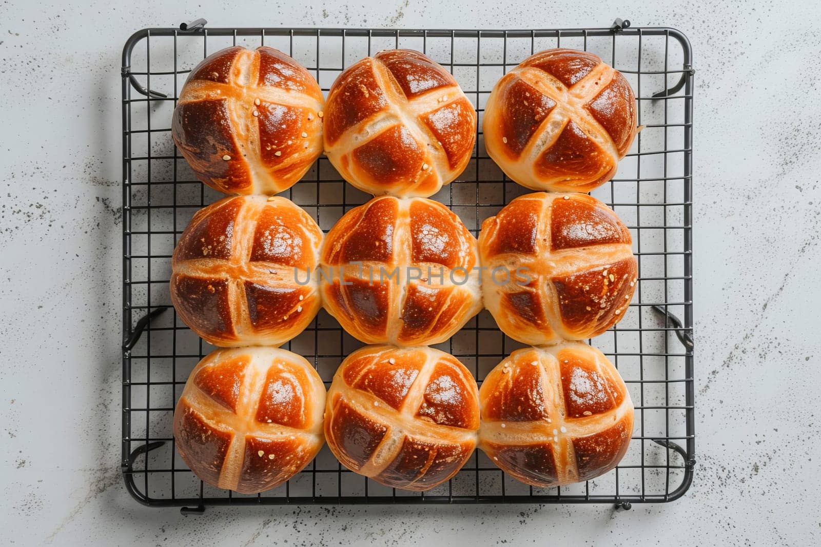 Traditional Easter hot cross buns on a cooling rack. AI generated.