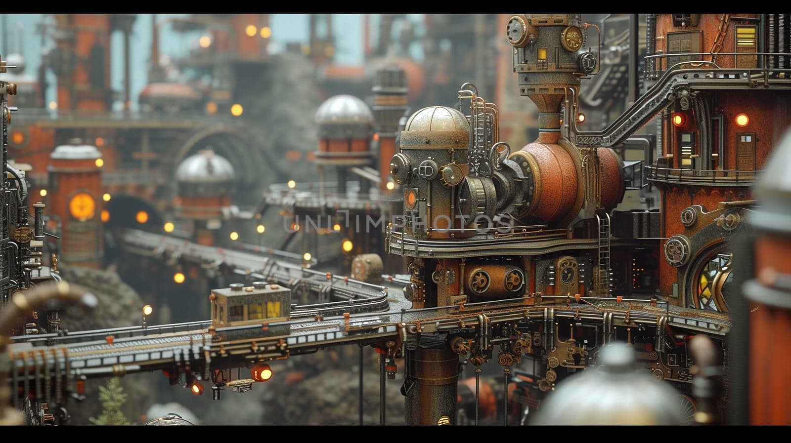 Steampunk city streets with mechanisms and clocks. High quality illustration