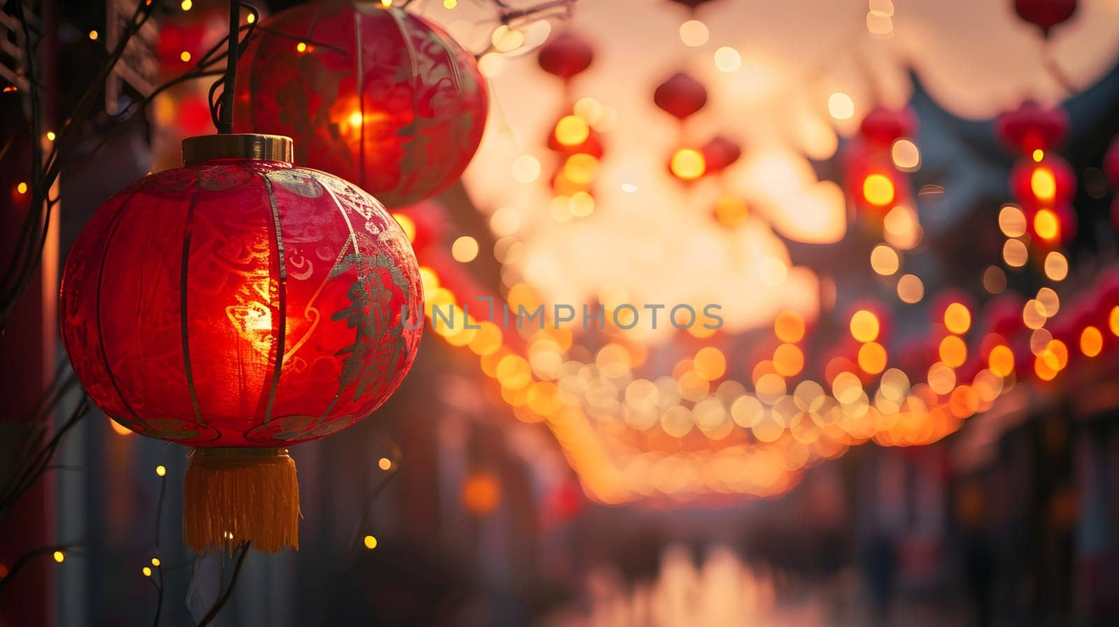 Chinese red lantern at night, Chinese New Year, generative ai. High quality photo